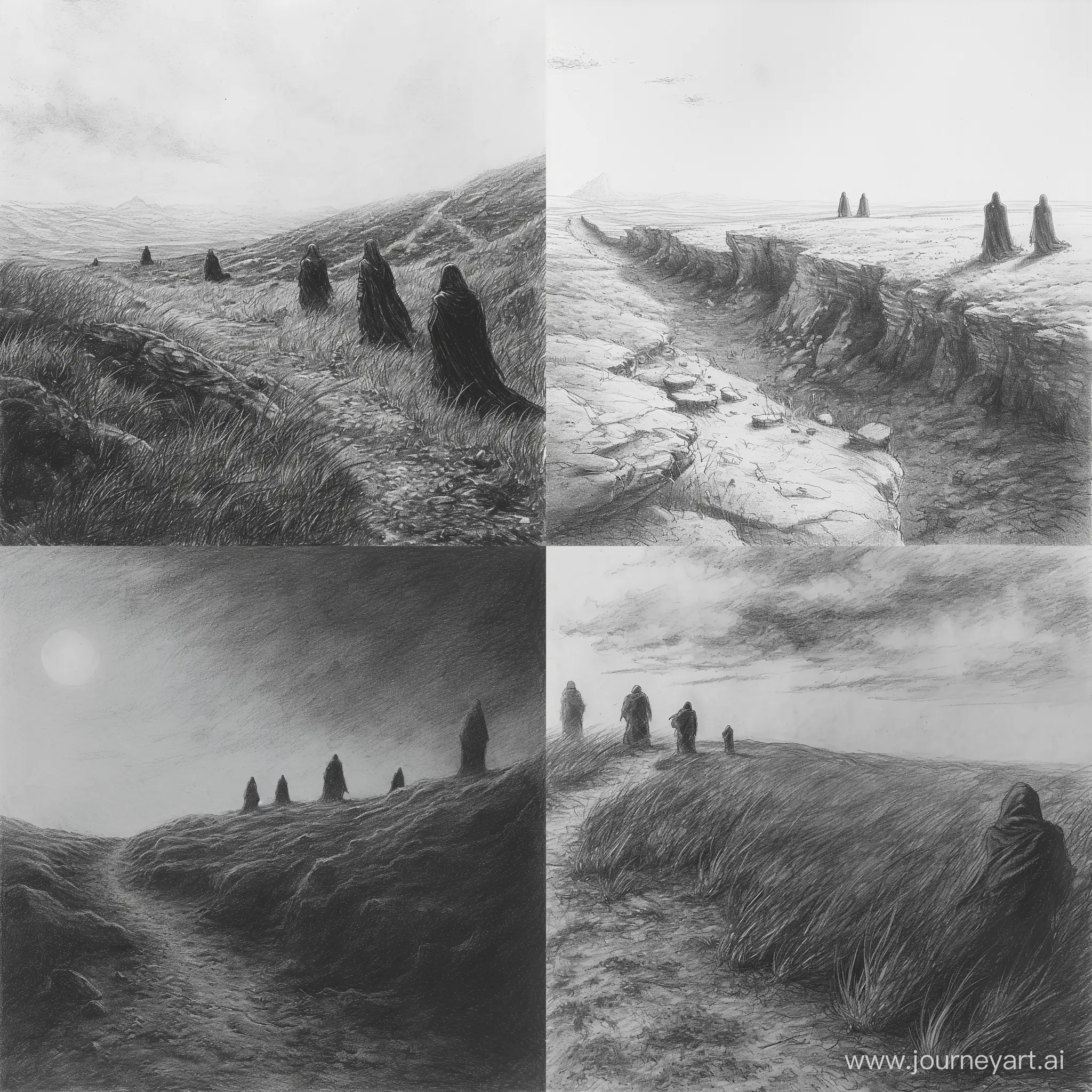 Medieval-Dark-Fantasy-Landscape-with-Four-Figures-in-Pencil