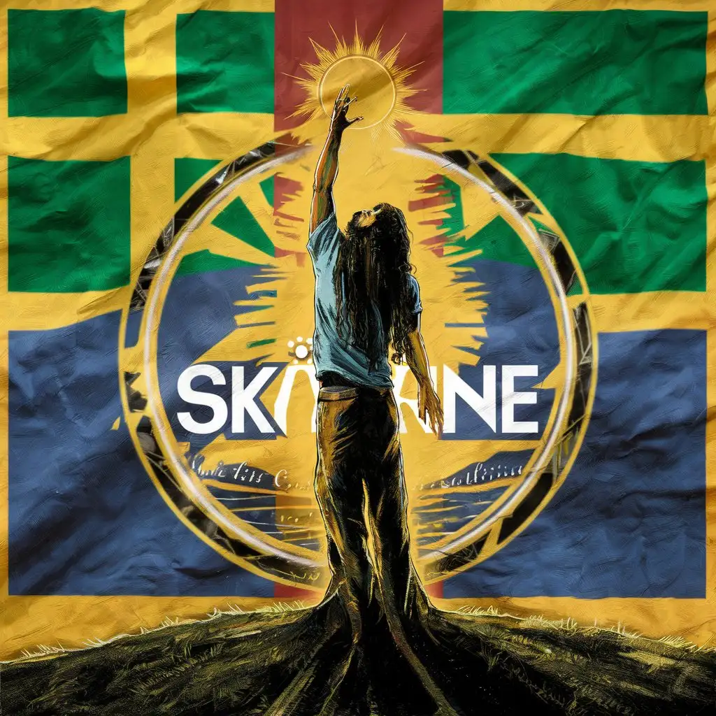LongHaired Man Reaching for the Sun with Reggae Vibes and Scanian Flag