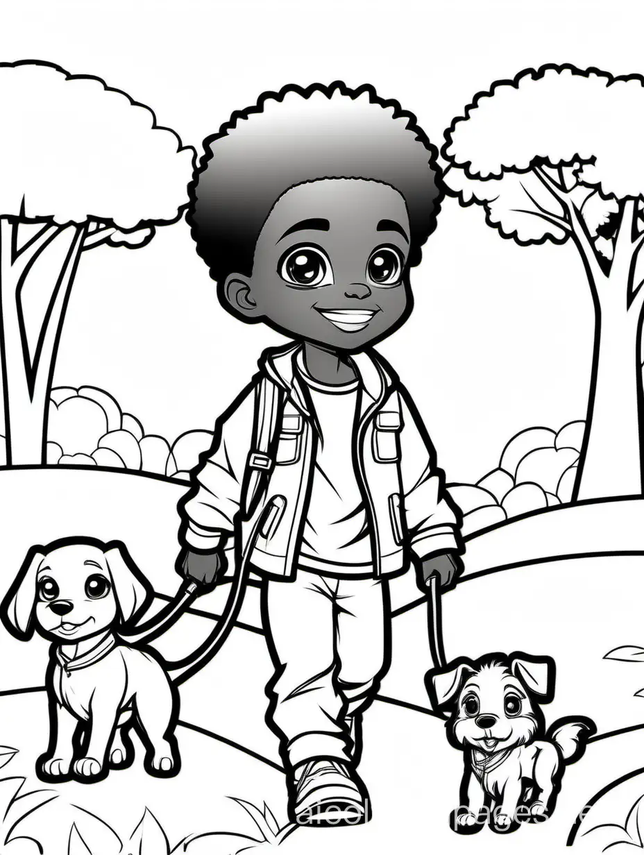 Chibi anime African boy walking dog, Coloring Page, black and white, line art, white background, Simplicity, Ample White Space. The background of the coloring page is plain white to make it easy for young children to color within the lines. The outlines of all the subjects are easy to distinguish, making it simple for kids to color without too much difficulty