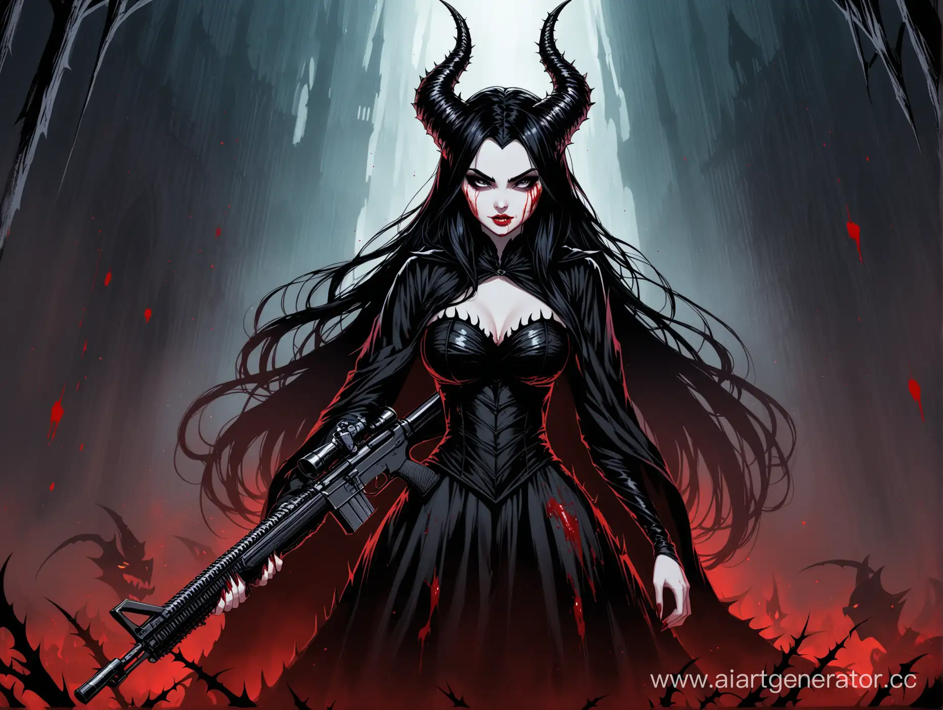 Девушка с черными длинными волосами и рогами малифисенты в черной шипастой маске держит винтовку кровь