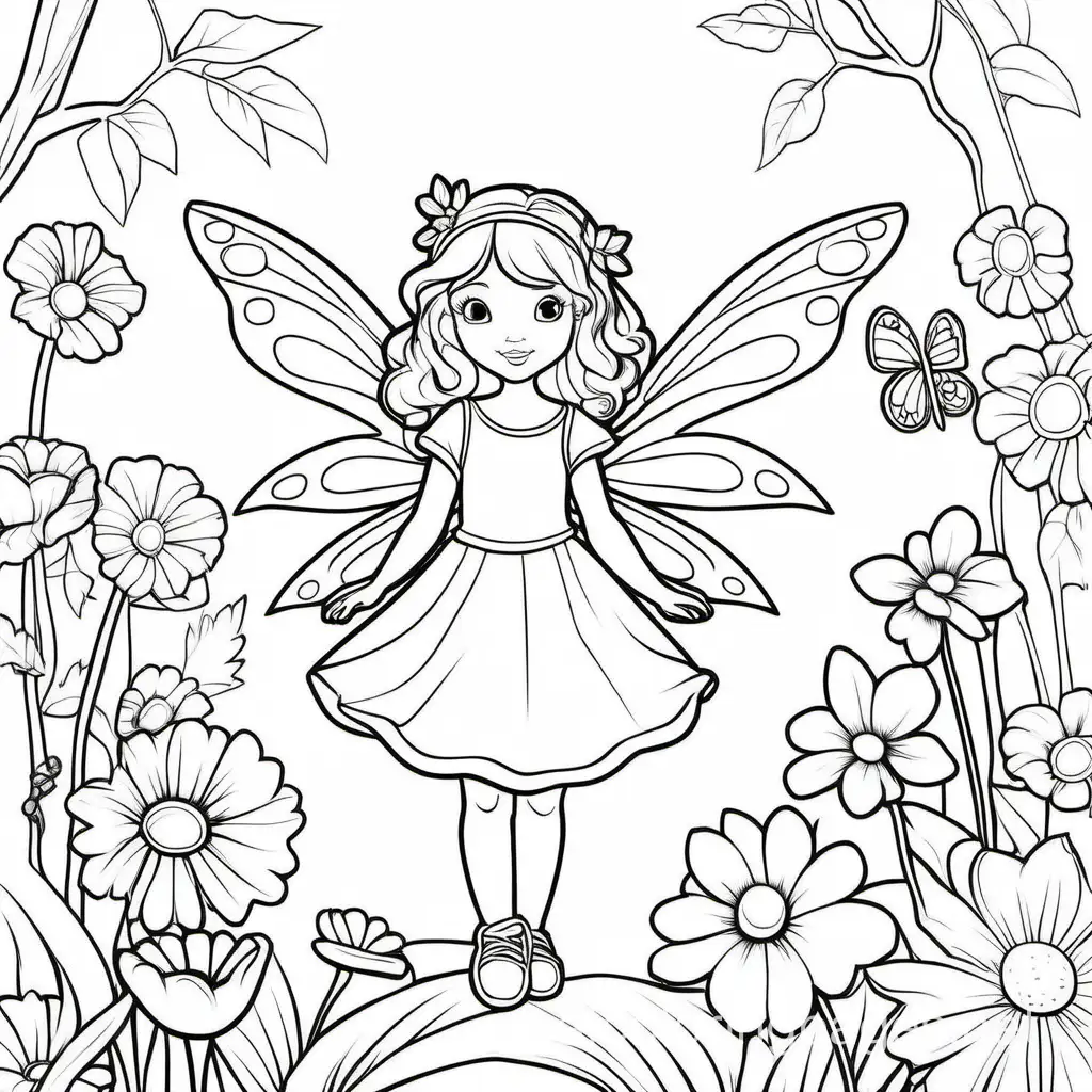 cute fairy among children, Coloring Page, black and white, line art, white background, Simplicity, Ample White Space. The background of the coloring page is plain white to make it easy for young children to color within the lines. The outlines of all the subjects are easy to distinguish, making it simple for kids to color without too much difficulty