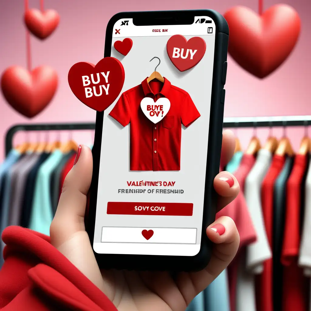 crear una imagen de un celular que muestre un ecommerce de ropa con un boton de comprar y al fondo de rojo por el dia del amor y la amistad.