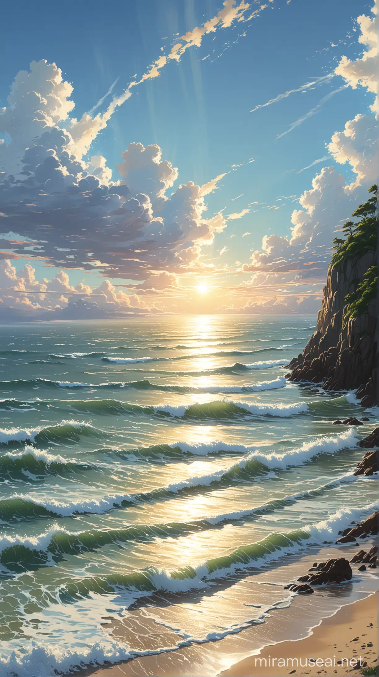 Daytime, few clouds, bright sky, sunlight shining, oceanfront, waves, ultra detailed, high resolution, best composition, illustration, acrylic palette knife, makoto shinkai style, Codex_401 style, mystical, Mystica_meta style, ghibli vibes, ultra detailed, render, stable diffusion, trending pixiv fanbox, --ar MJ V 6.0 , photo view from eye sight.