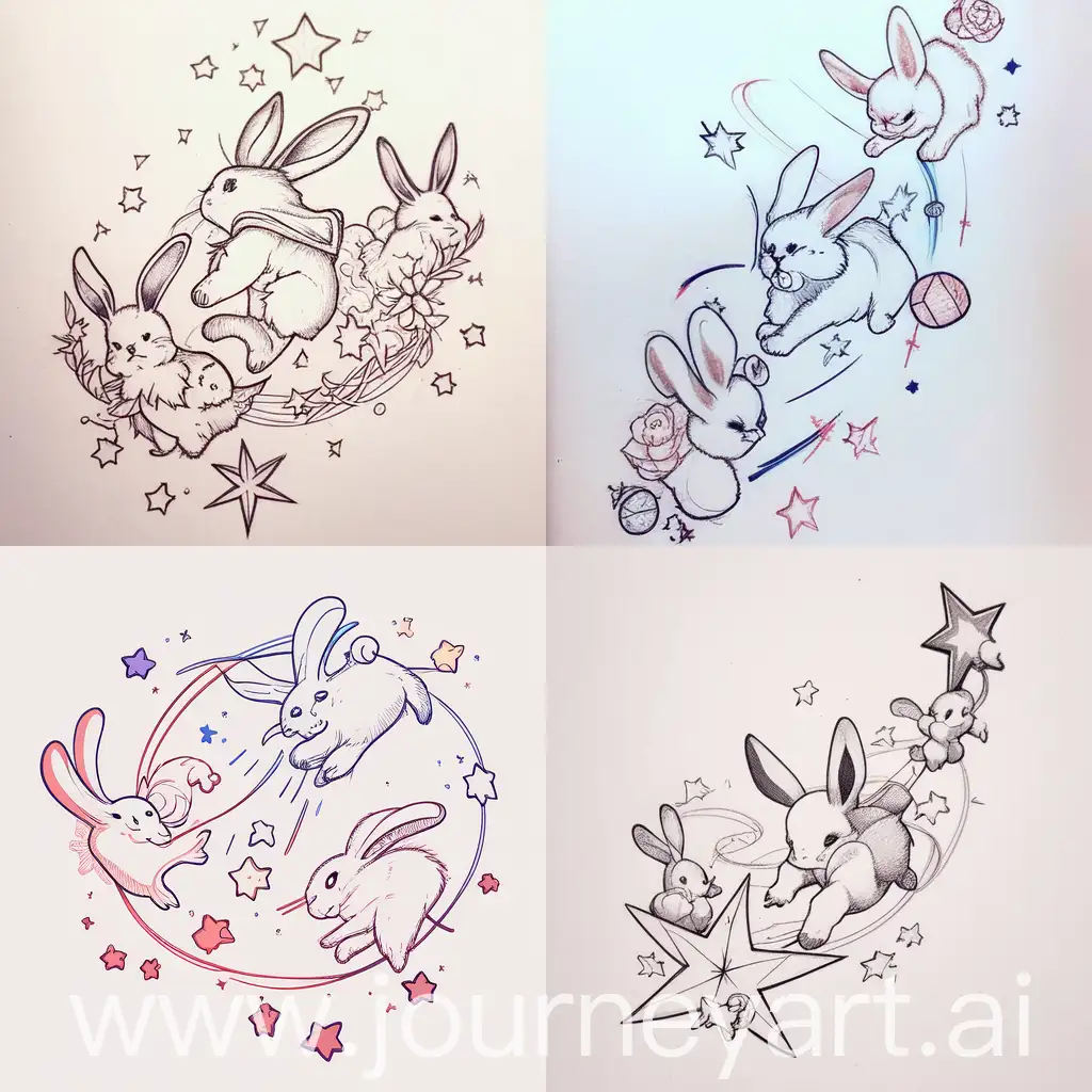 纹身图，简笔画，铅笔线稿，三只兔子围着一个苹果跑，彩色星星