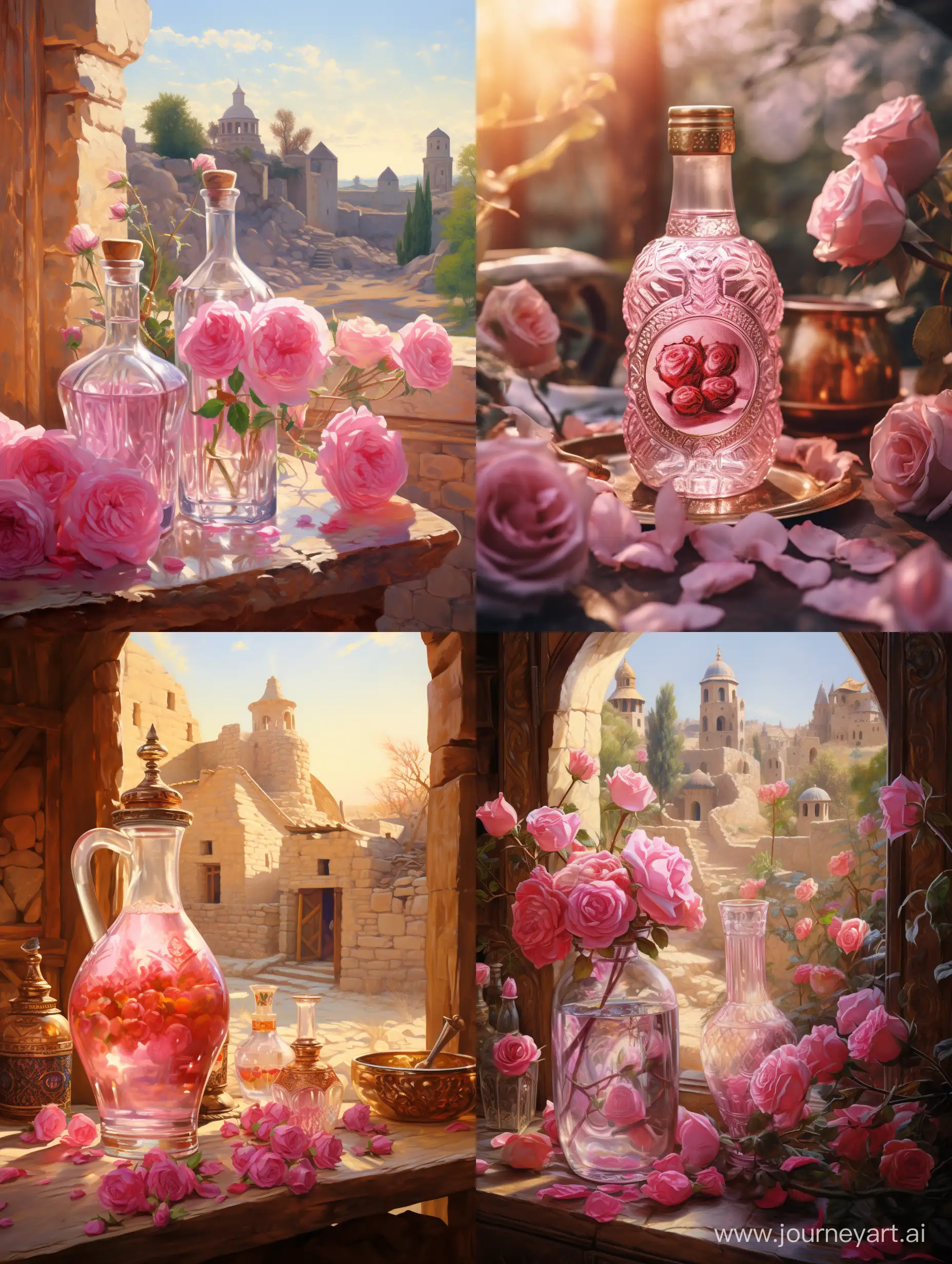 a bottle of rose water in a persian village, pink roses around the bottle, high quality, high precision, high details.