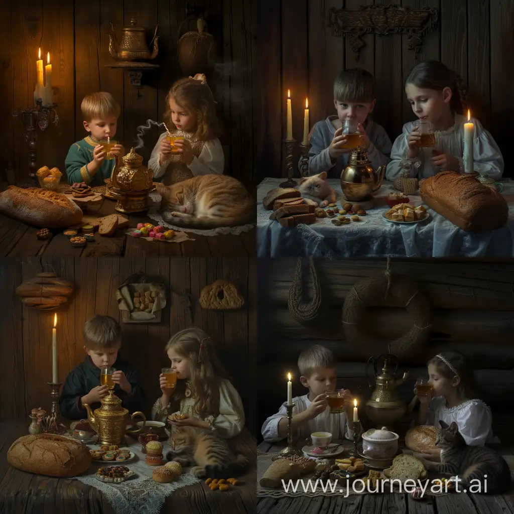 Children-Drinking-Tea-in-Candlelit-Russian-Village-Hut-with-Samovar-and-Sleeping-Cat