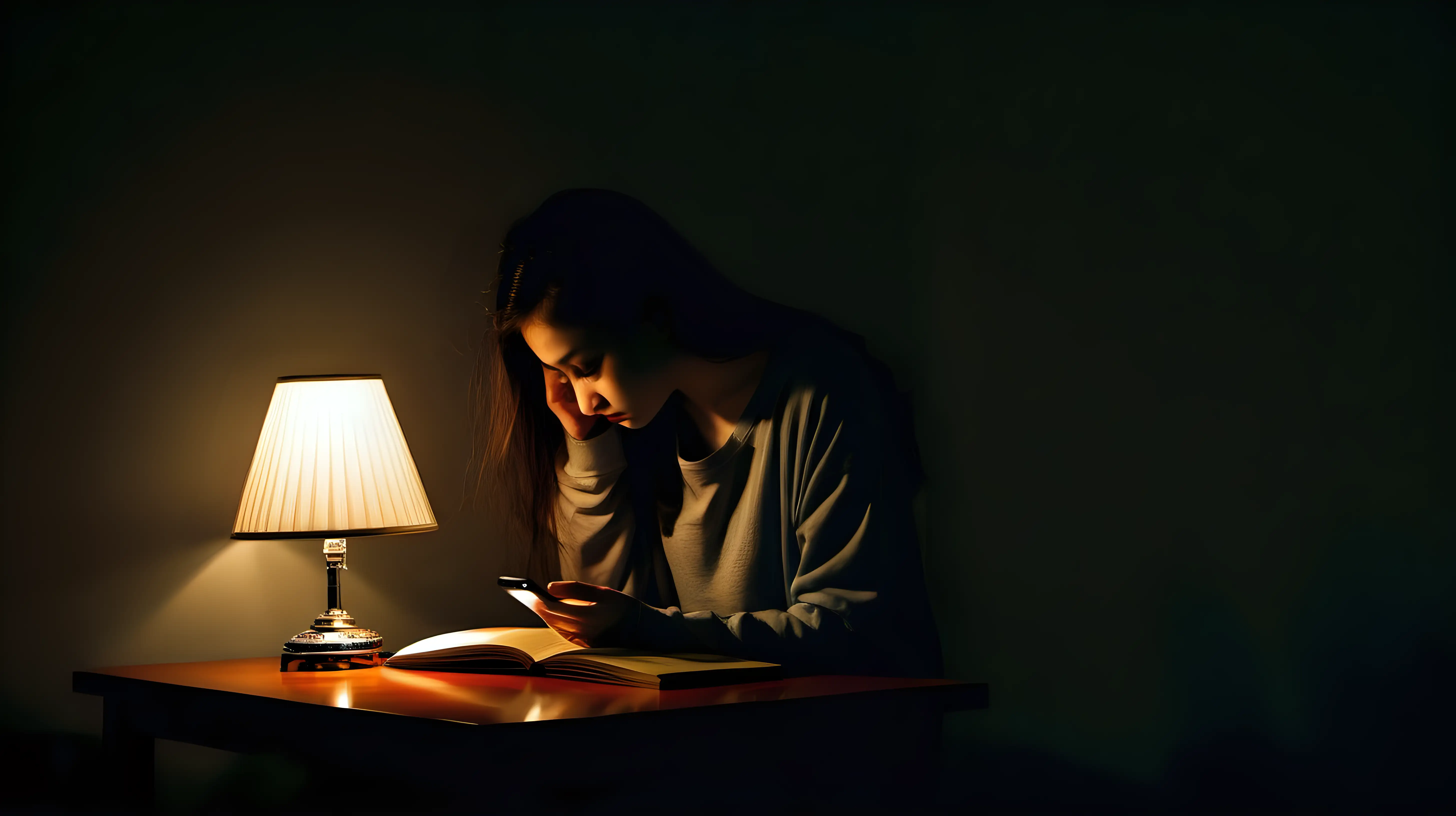 real girl sadness loneliness big room soft light waiting darkness light lamp book smartphone chatting