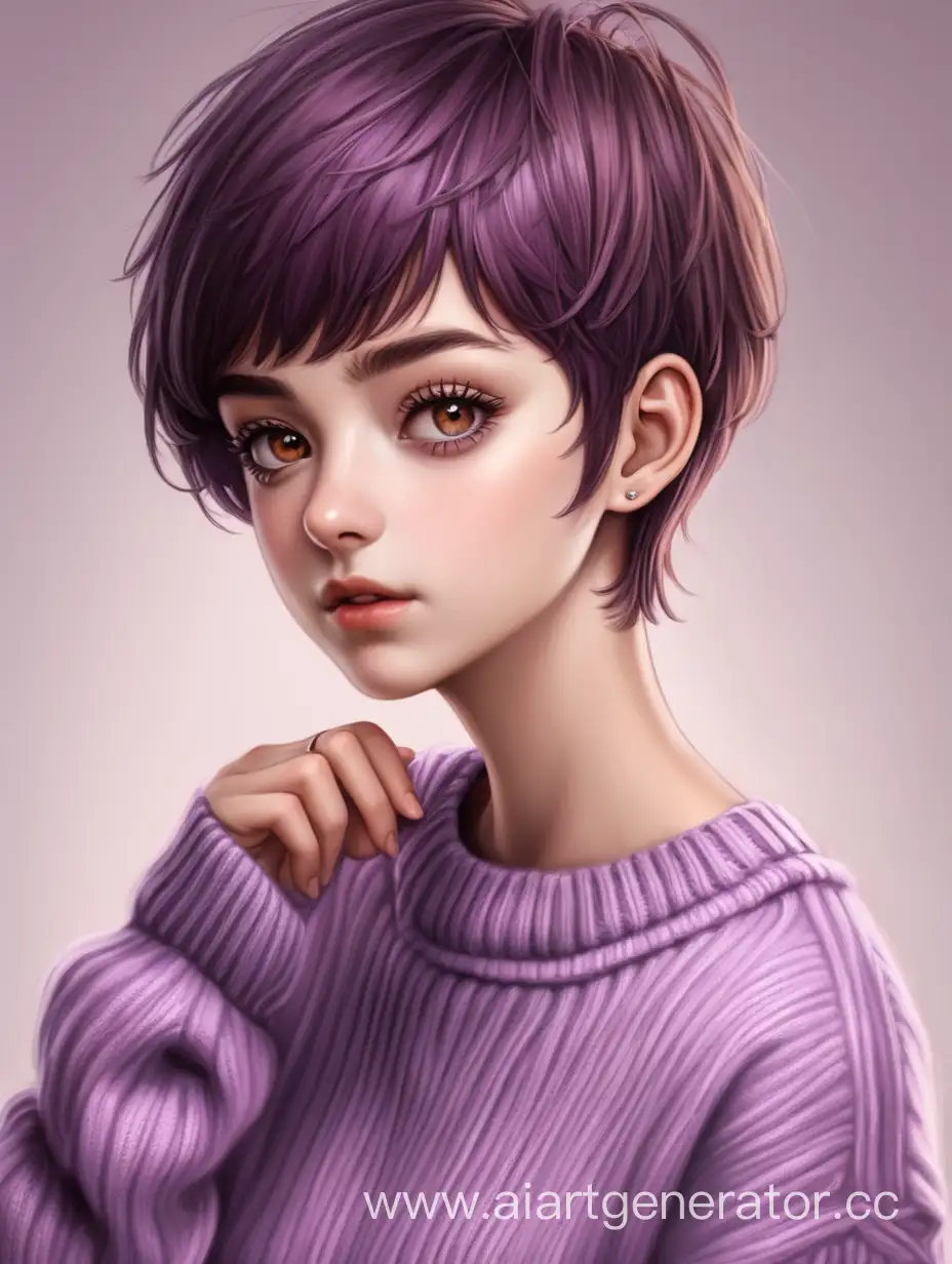 Девушка с короткой стрижкой пикси красивая стройная  с карими глазами в фиолетовом свитере 