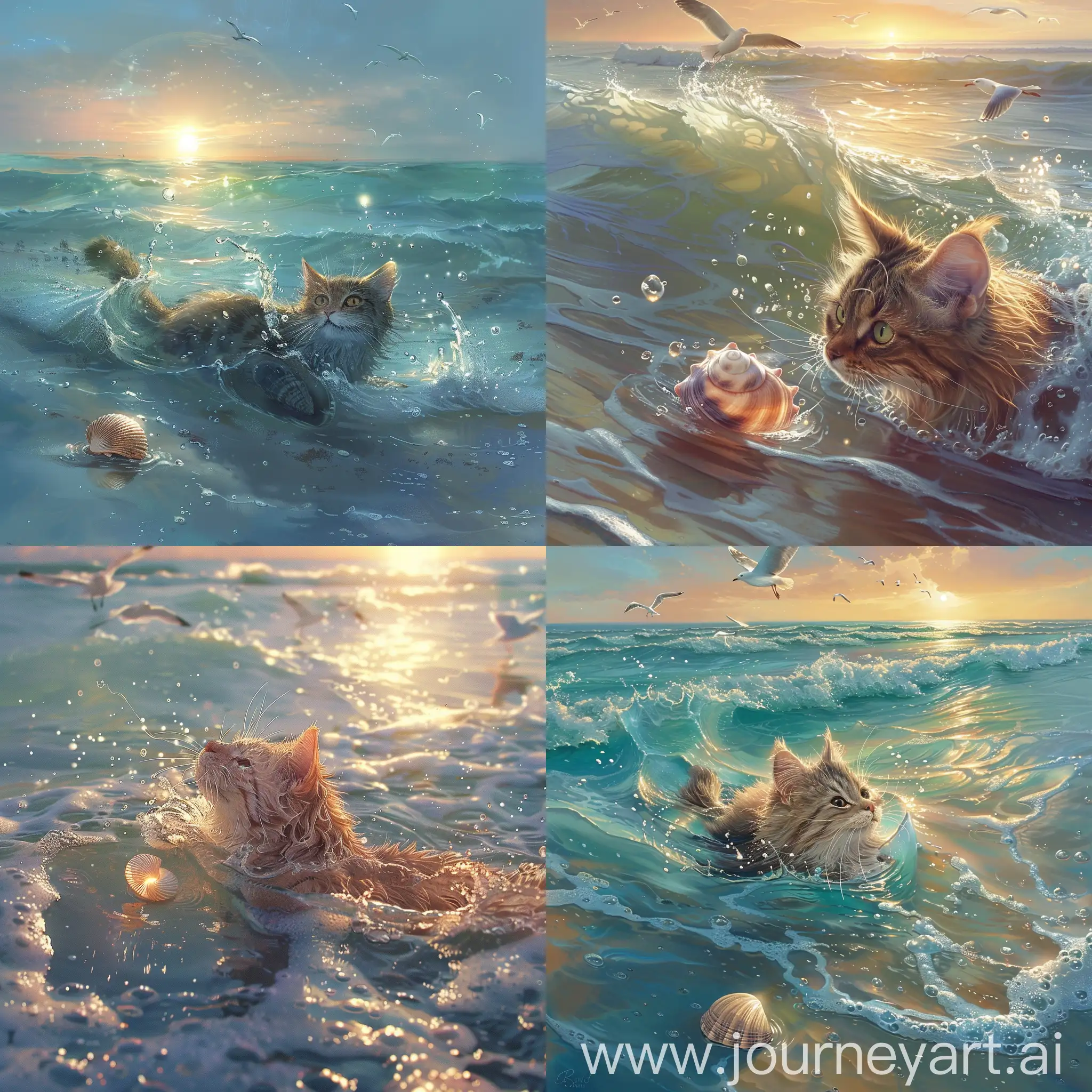 Curious-Cat-Swimming-in-Clear-Sea-with-Shining-Seashell
