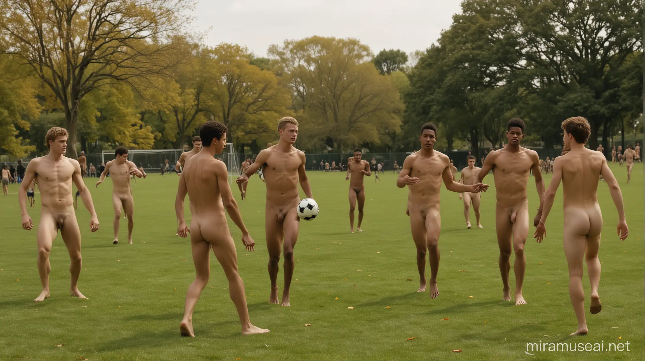 Naked Young Men Soccer Match Intense Action Scene in Park