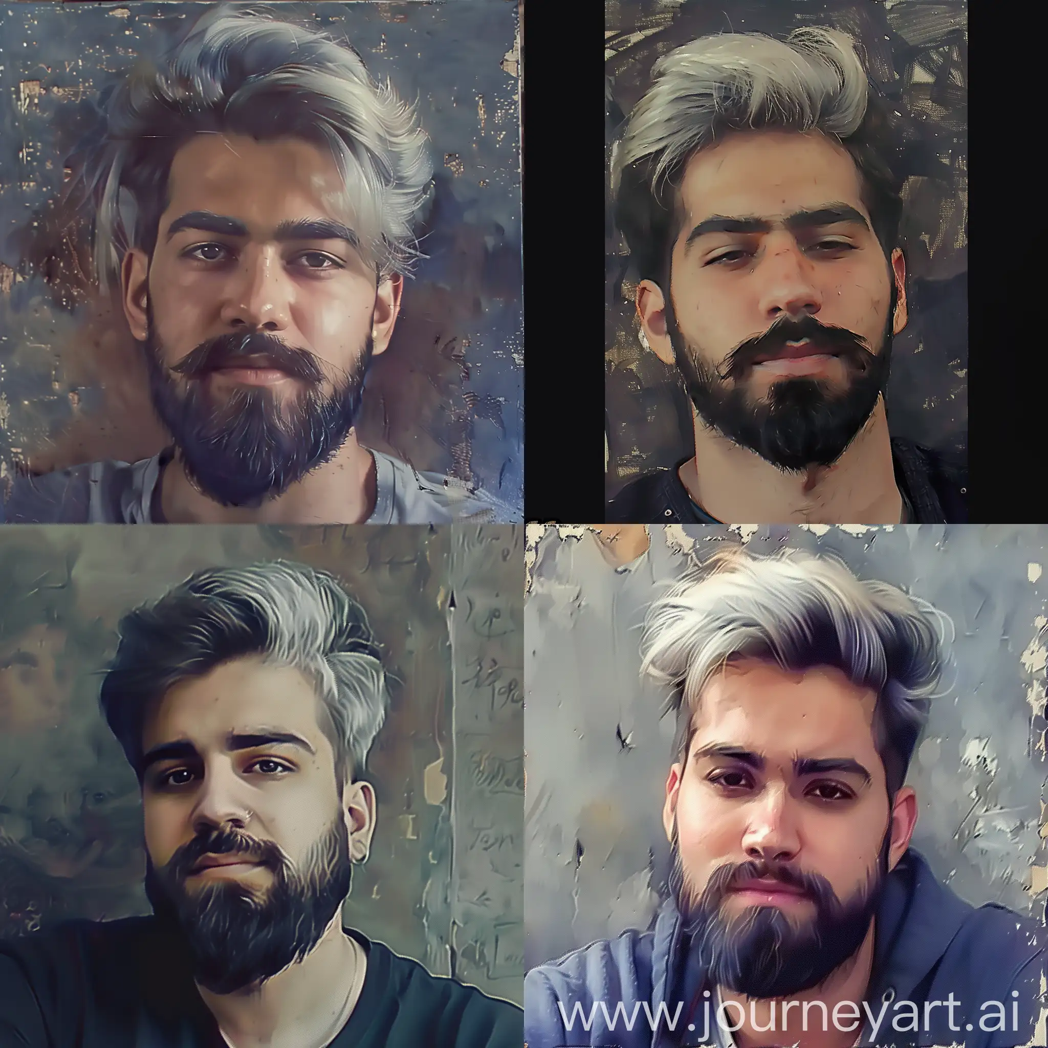 [ https://i.ibb.co/qRyLVLc/Lost-File-JPG-654600-min.jpg ]::4 [portrait of bearded young man in his mid 20's with dyed silver hair]::4 High face complexion, exquisite detail, 30-megapixel, 4k, 85-mm-lens, sharp-focus, intricately-detailed, long exposure time, f/8, ISO 100, shutter-speed 1/125, diffuse-back-lighting, award-winning photograph, facing-camera, monovisions, small-catchlight, low-contrast, High-sharpness, depth-of-field, golden-hour, ultra-detailed photography [blurry, grainy, deformed]::-1 