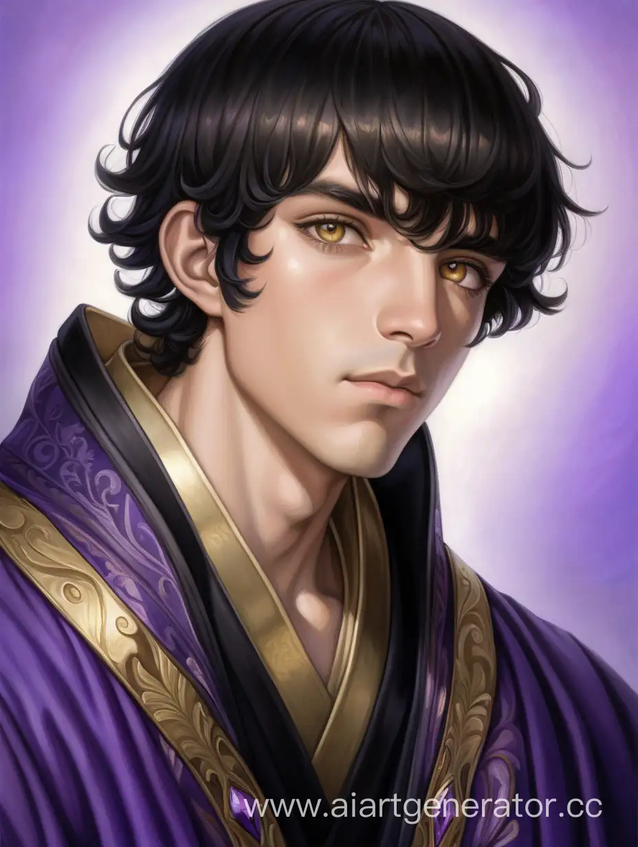 Young man, black hair, eyes of different colors: the iris of the left eye is golden, and the iris of the right eye is purple, no facial hair, light skin, fragile build, no emotions on the face, wearing a black robe with a purple lining and gold ornament. Full size