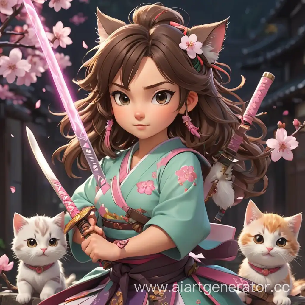 логотип для твича милая девочка аниме с именем Ками веселая , в японнской мифологии,  катанами , брюнетка милированная , и тримя котиками с сакурой и в нейоне