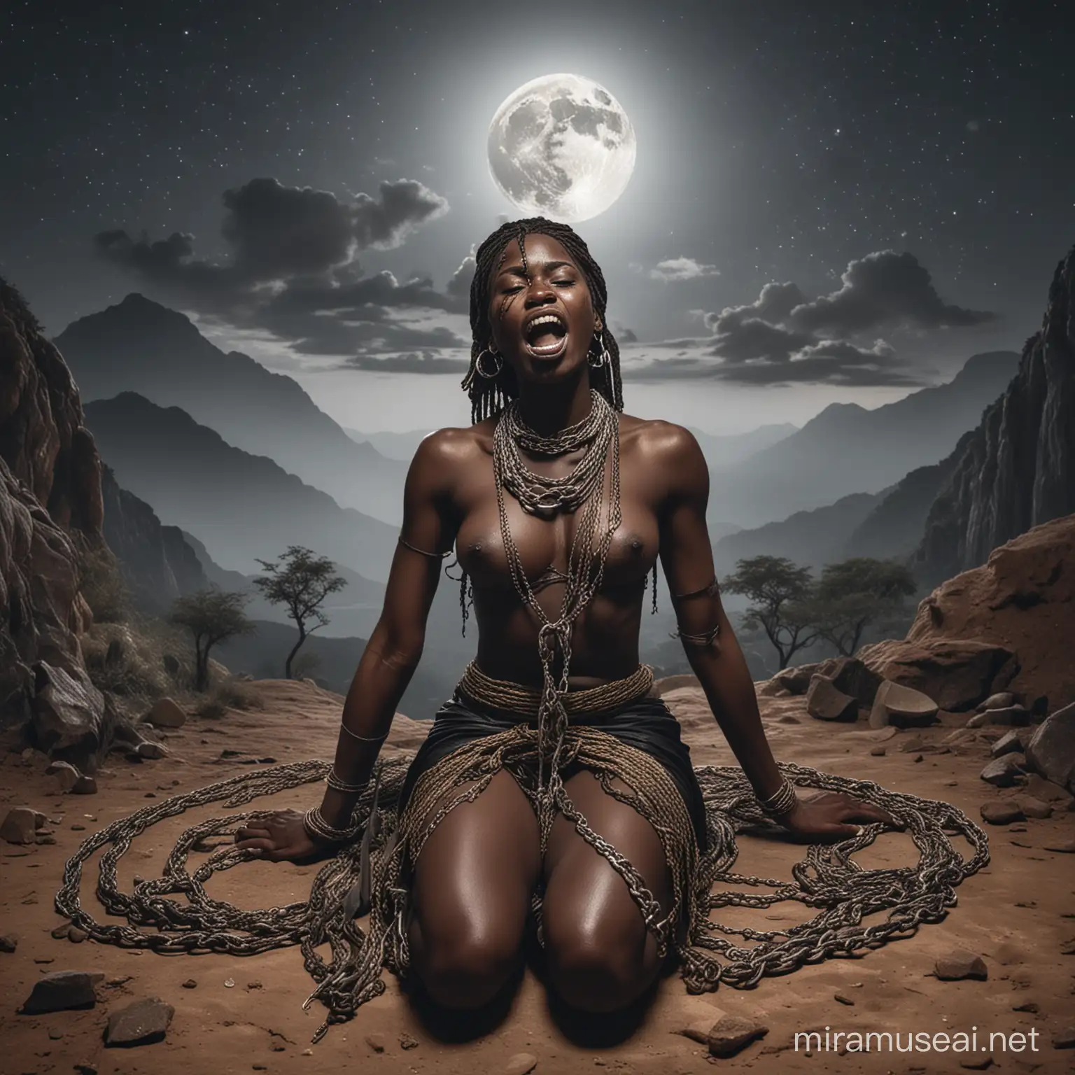 A conquered black African salve woman, wrapper with big chains, mouth tied with rope, crying, other slaves tied , seating down on the ground, mountainous area, night time with moon light