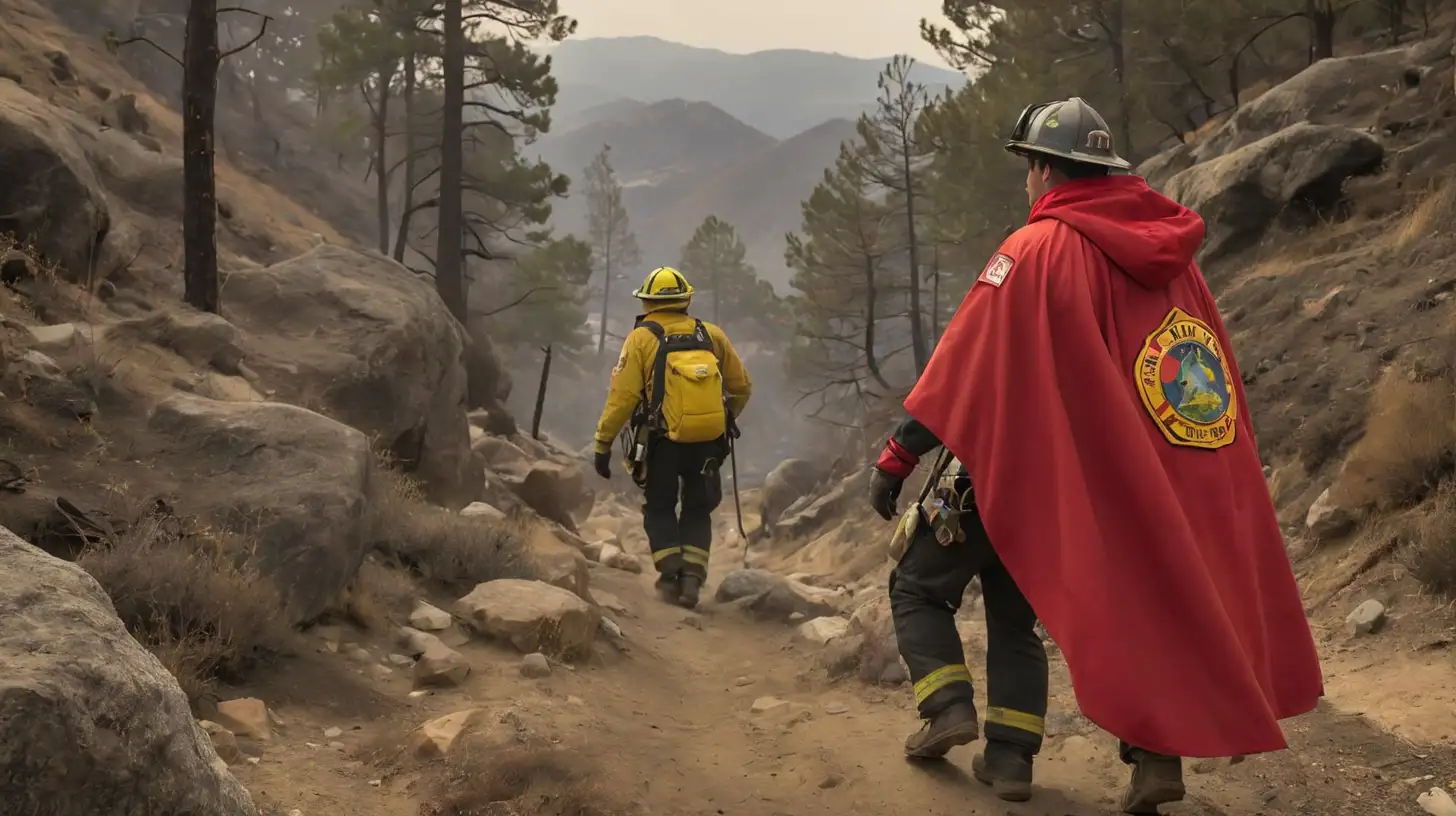 CAL FIRE Firefighter is wearing a CAL FIRE badged cape with a map in hand while climbing a burning mountain 