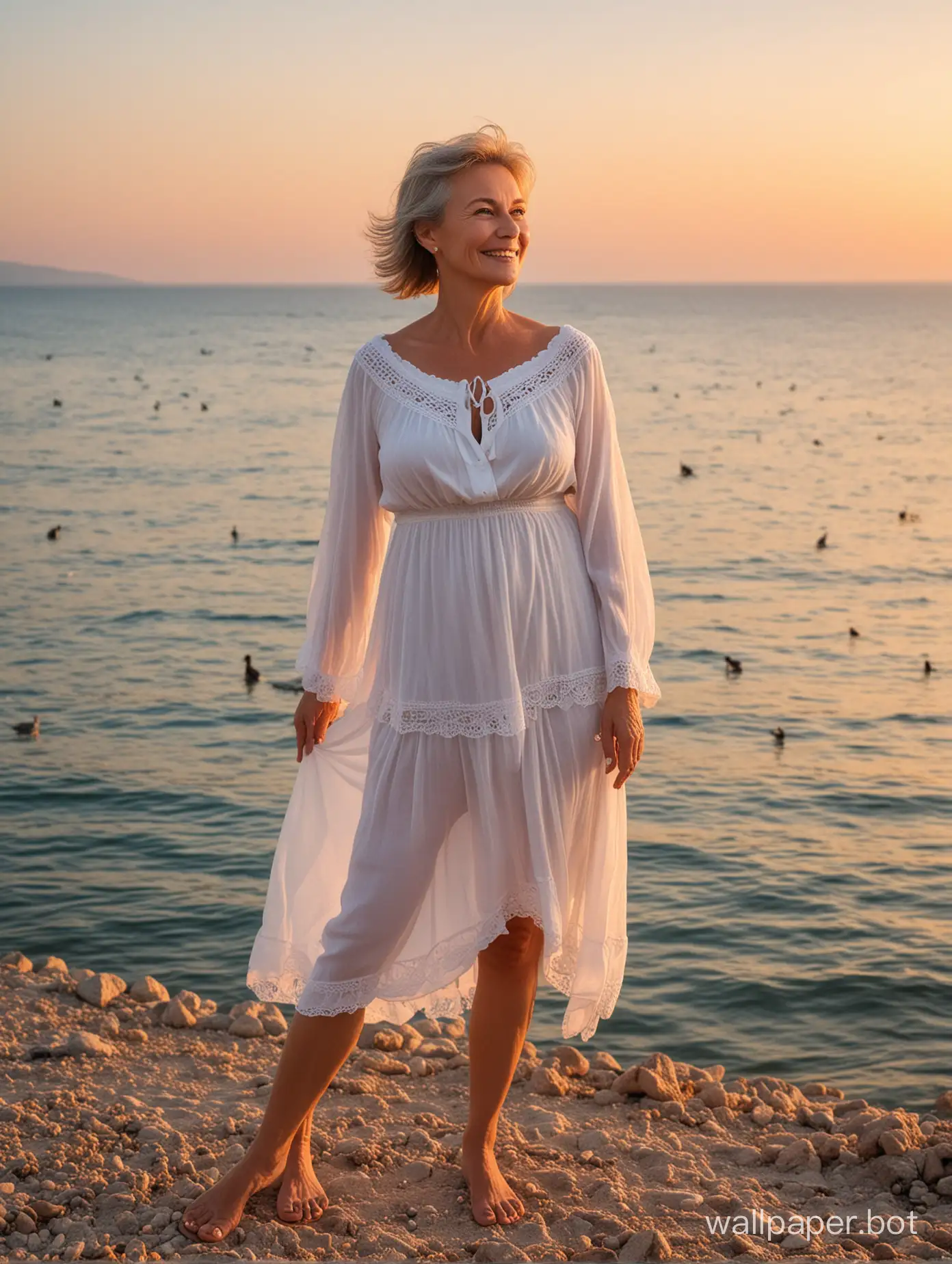 Russian woman 60 years old at sunset by the sea in Crimea, full height, dynamic poses, birds, ordinary figure, posing, smile
