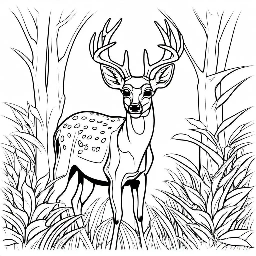 White-tailed Deer, Coloring Page, black and white, line art, white background, Simplicity, Ample White Space. The background of the coloring page is plain white to make it easy for young children to color within the lines. The outlines of all the subjects are easy to distinguish, making it simple for kids to color without too much difficulty