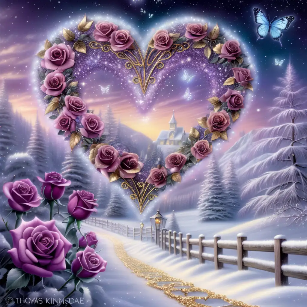 beautiful glowing glitter rose path in the snow leading to a frosted heart floating in the sky with  bi colored roses, with a gorgeous filigree butterfly, glitter, gloving, transparent, dark purple, Black and gold, Thomas Kinkade