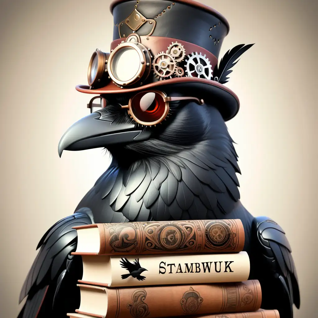 Steampunk Crow with Books and Glasses Tattoo in Wild West Setting