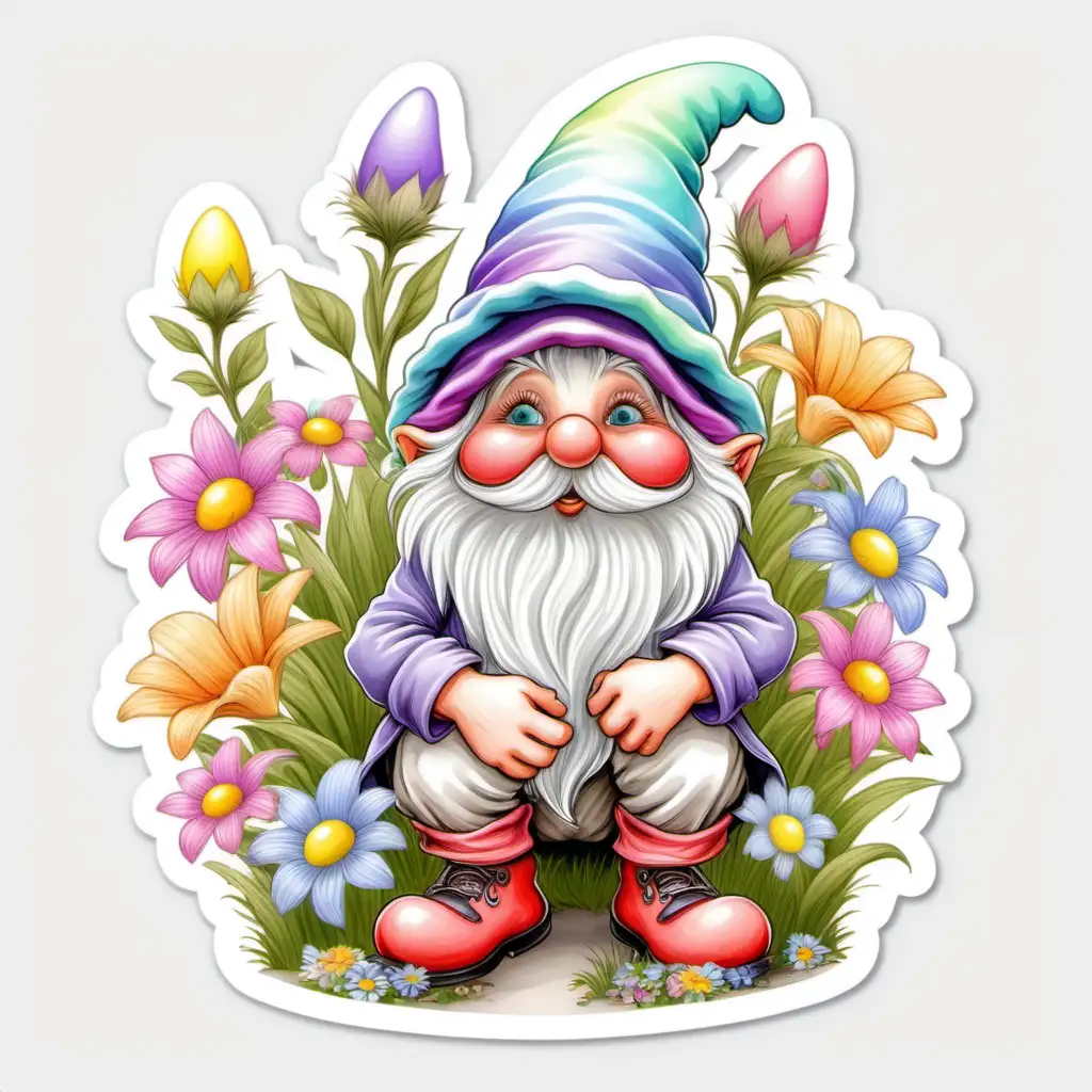 Whimsical Easter Gnome with Colorful Overgrown Hat Among Spring Flowers
