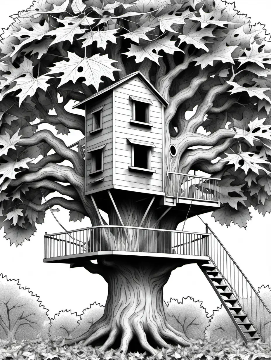 a metal tree house in an oak tree covered in summer coloring book, black and white individual elm leaves, no shading, no background, thick black outline