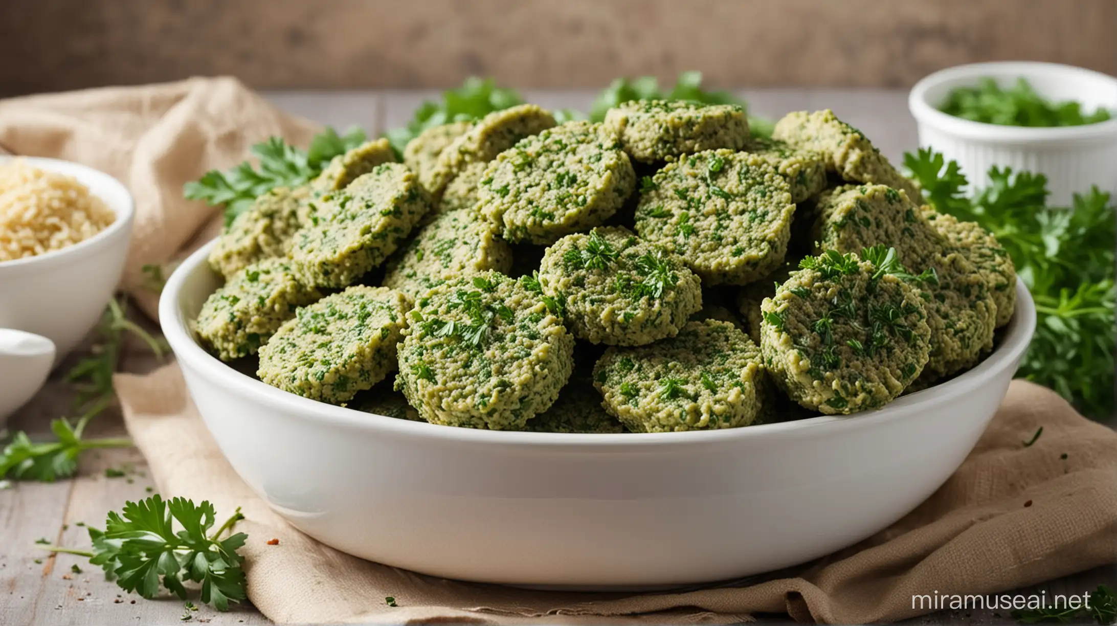 Fresh Green Cutlets with Parsley Herbs in a White Bowl