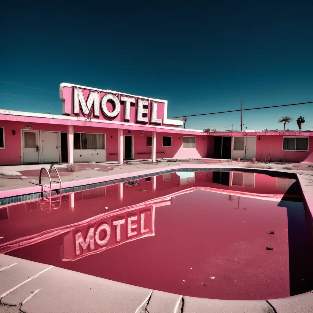 abandon 70's style motel in desert. with empty free shaped pool. no water in pool.  pink pool. hotel sign and more abandon.