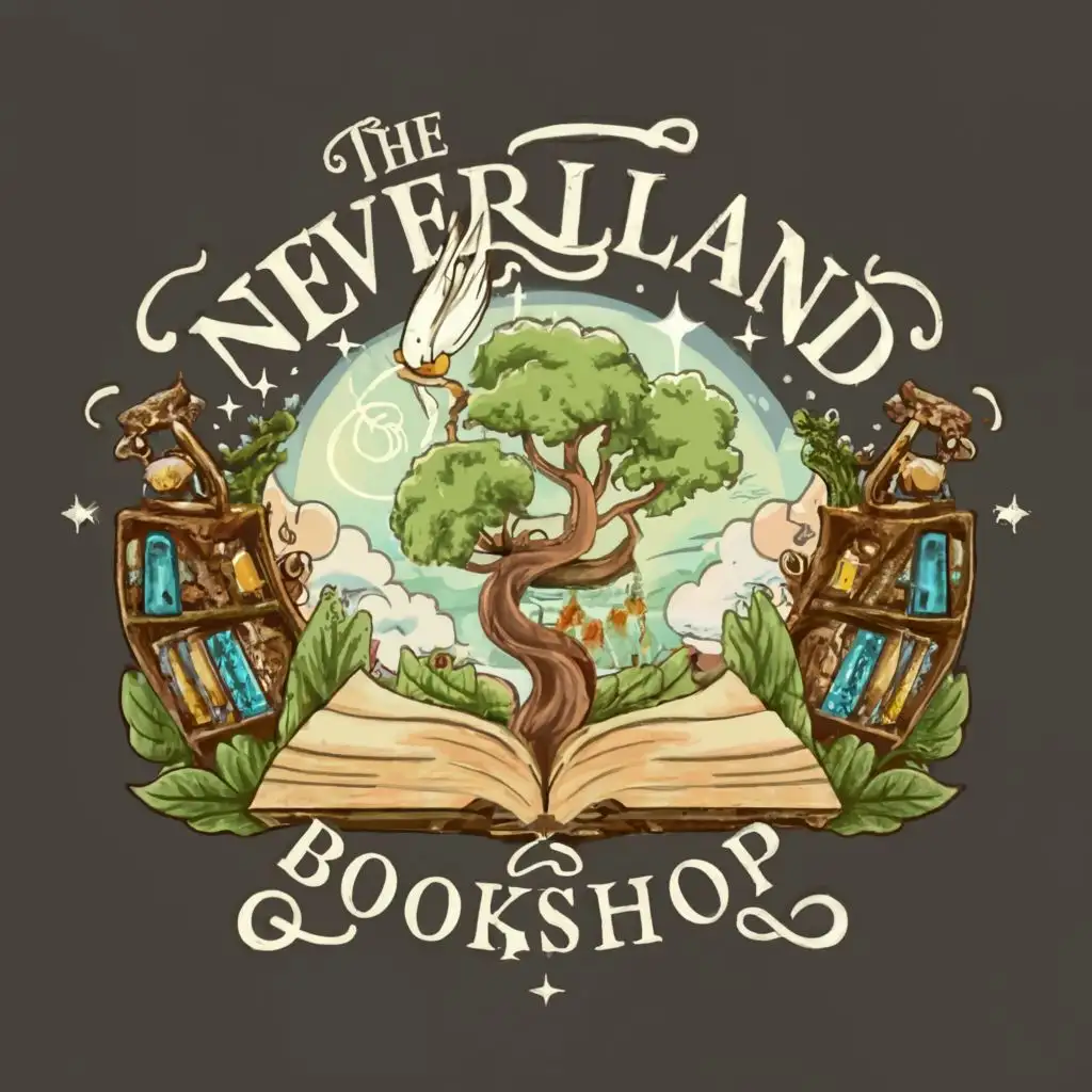 logo, NeverLand, Books, Fantasy, with the text "The NeverLand Bookshop", typography
