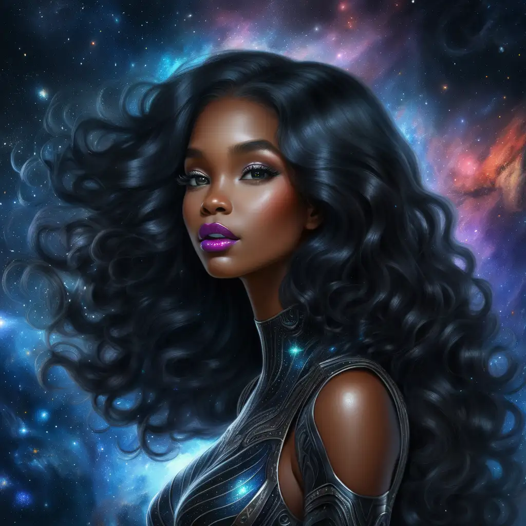 a black beautiful lady in a galaxy and she has long black hair and beautiful colored lips
