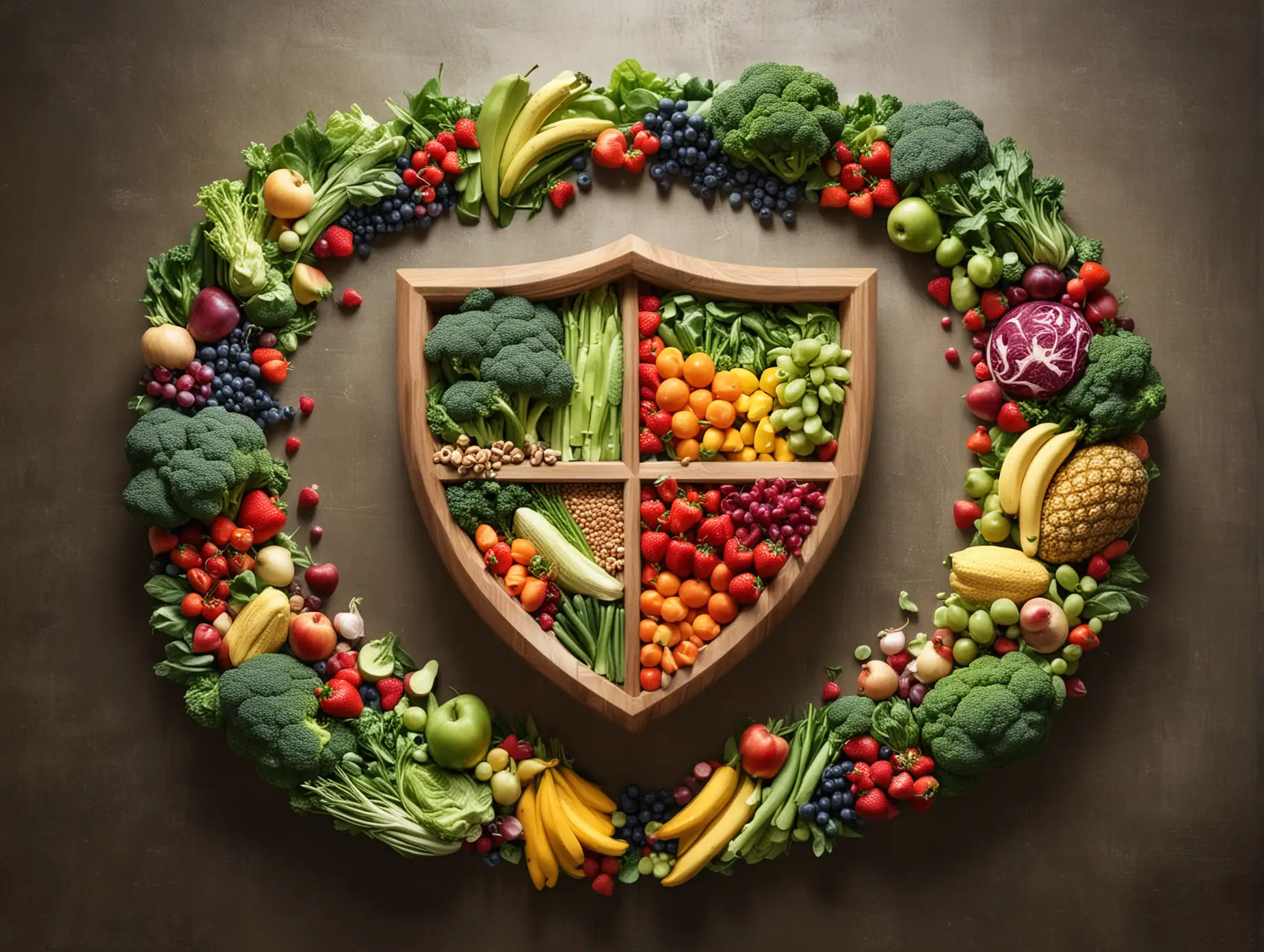 Create an image of a healthy body shielded by a powerful shield, symbolizing the prevention of cancer through the use of glutathione and enzymes. The shield can be decorated with images of fruits and vegetables, highlighting the importance of healthy eating habits in cancer prevention. Surround the shield with beams of light, representing the positive effects that these supplements can have on the body's immune system. Finally, include a tagline below the image that reads "Empower Your Body with Glutathione and Enzymes."