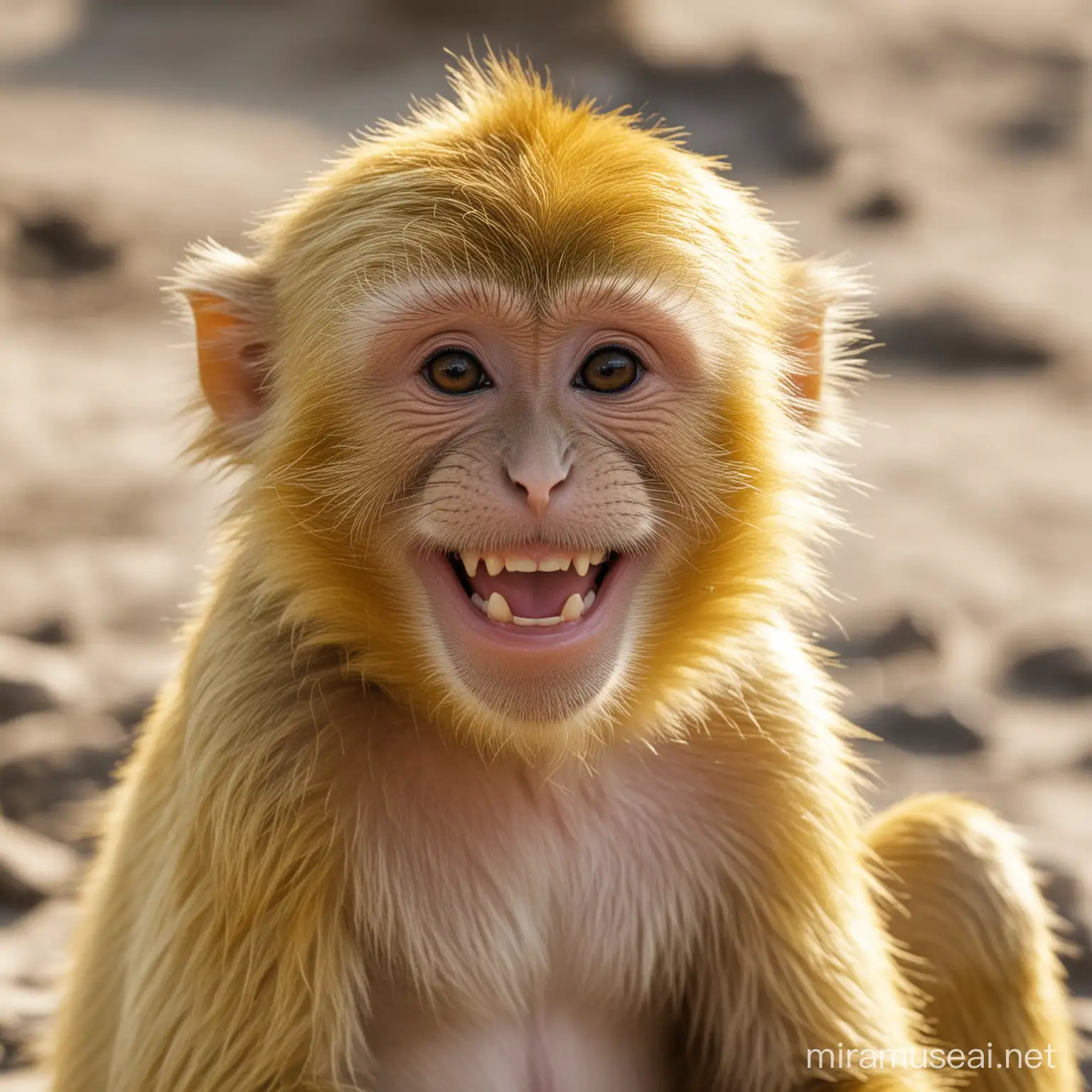 Yellow Monkey with big smiling face sit on the beach in a sunshine day