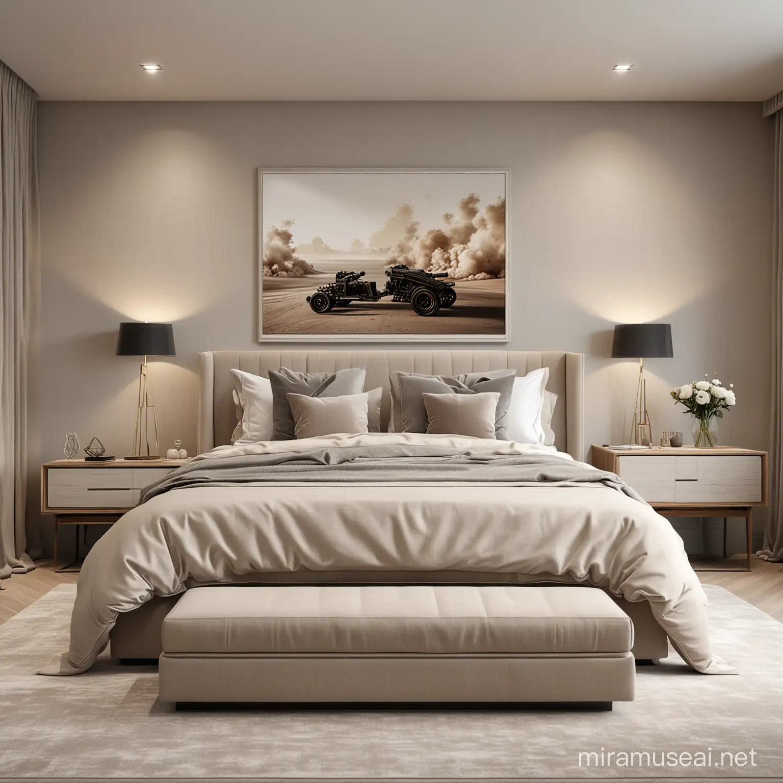 Luxurious Contemporary Bedroom Interior with Modern Artwork and Seating Area in Neutral Tones