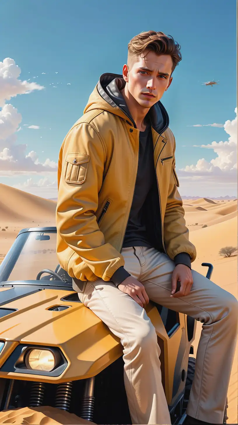 帮我画一个男人坐在一辆越野车引擎盖上，穿夹克，未来世界，磨砂美颜，冷漠，磨砂质感，西部大片，漫天黄沙