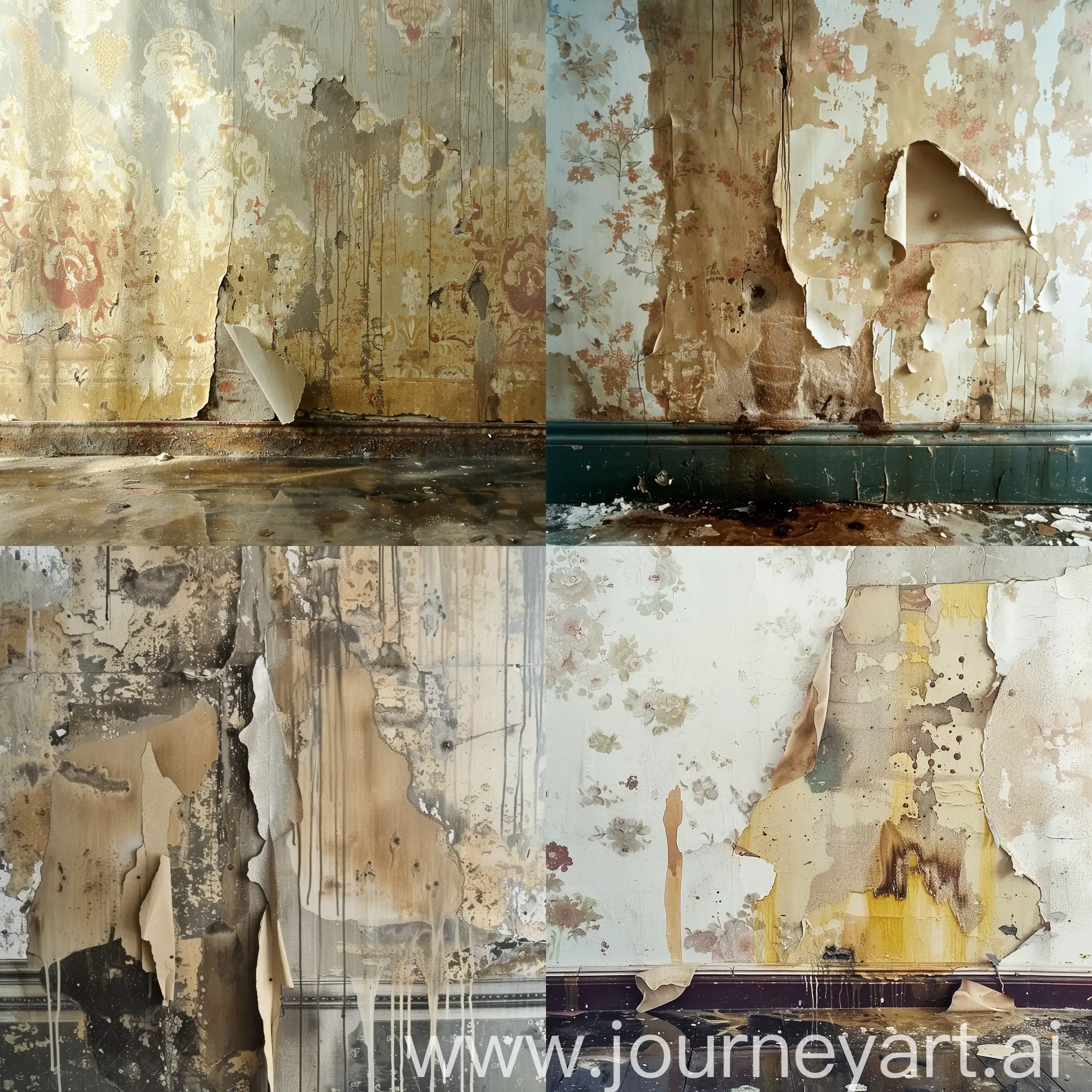 damaged walls, dirty leaks, dirt stains, peeling wallpapers, teared wallpapers