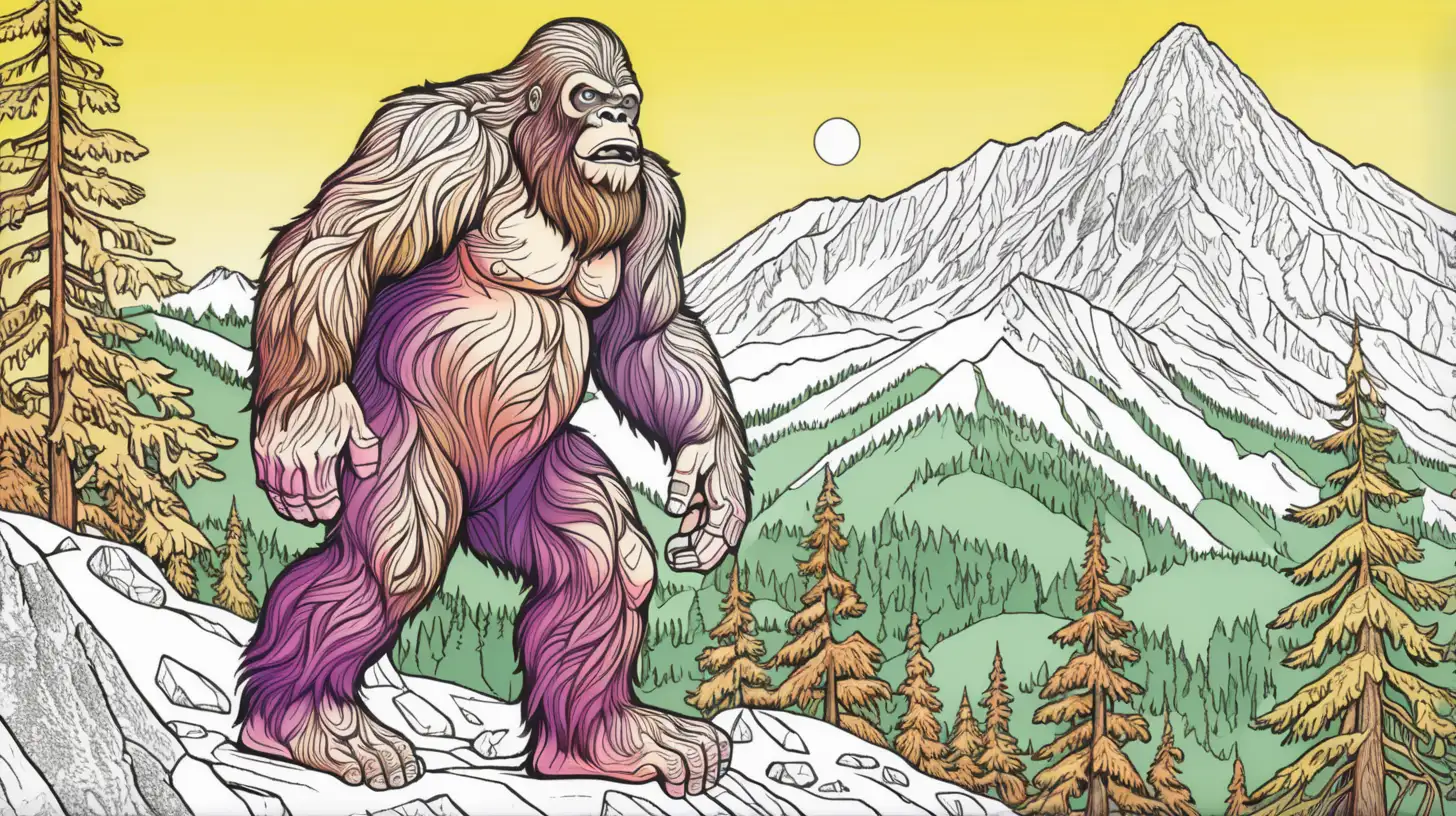 An   Fully Colored adult coloring book  of a Bigfoot on a mountain in color