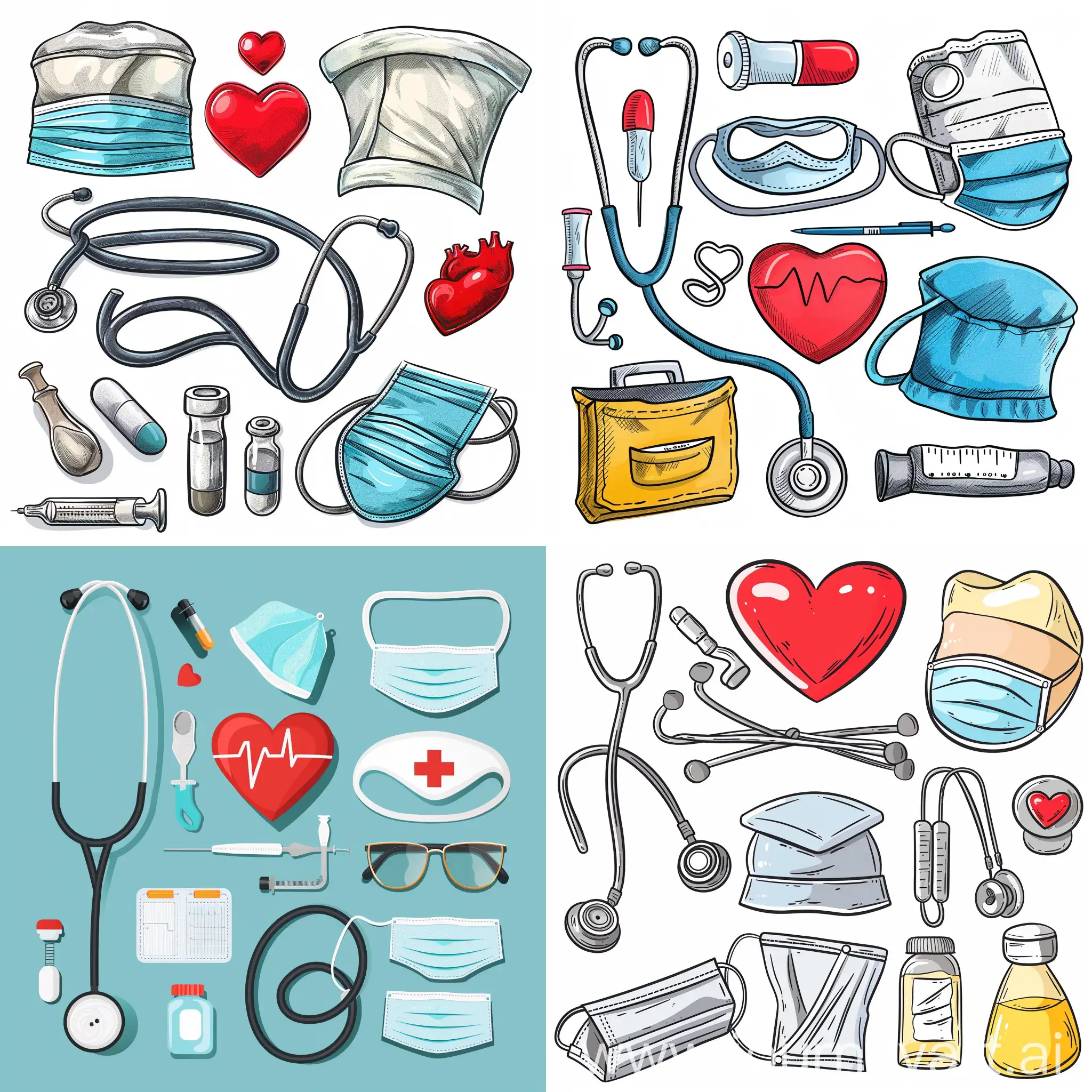 Medical-Supplies-and-Nurse-Cap-with-Stethoscope-and-Red-Heart-Illustration