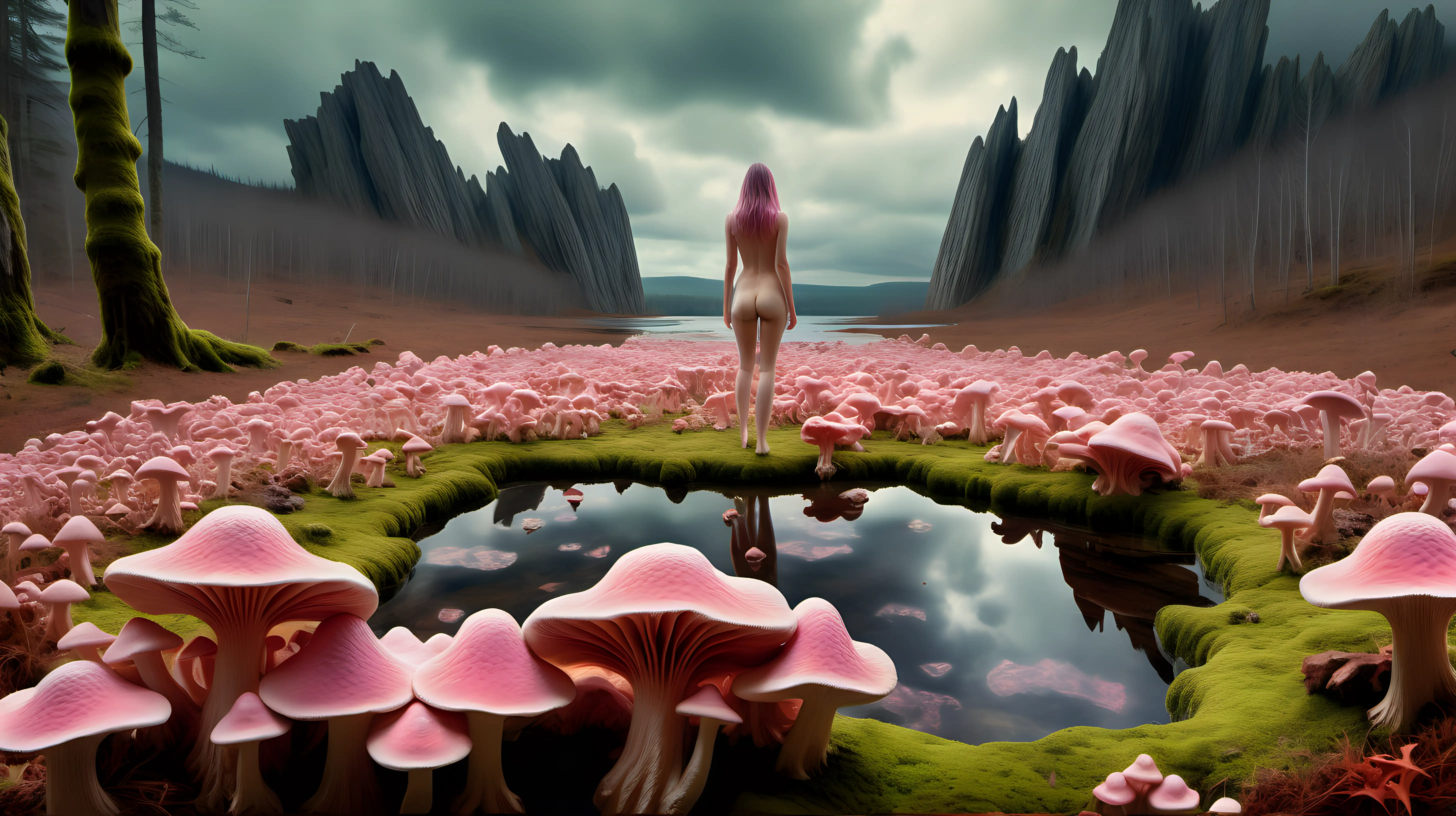 Ethereal Psychedelic Landscape Featuring Nude Woman and Crystalline Minerals