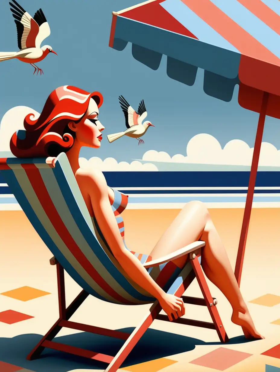 there is a woman on beach chair, back side view, colorful vertical striped, in the style of cubist elements, vintage poster design, flat perspective, bright blue and light red, light blue, grid, ad posters, birds-eye-view, --ar 89:128