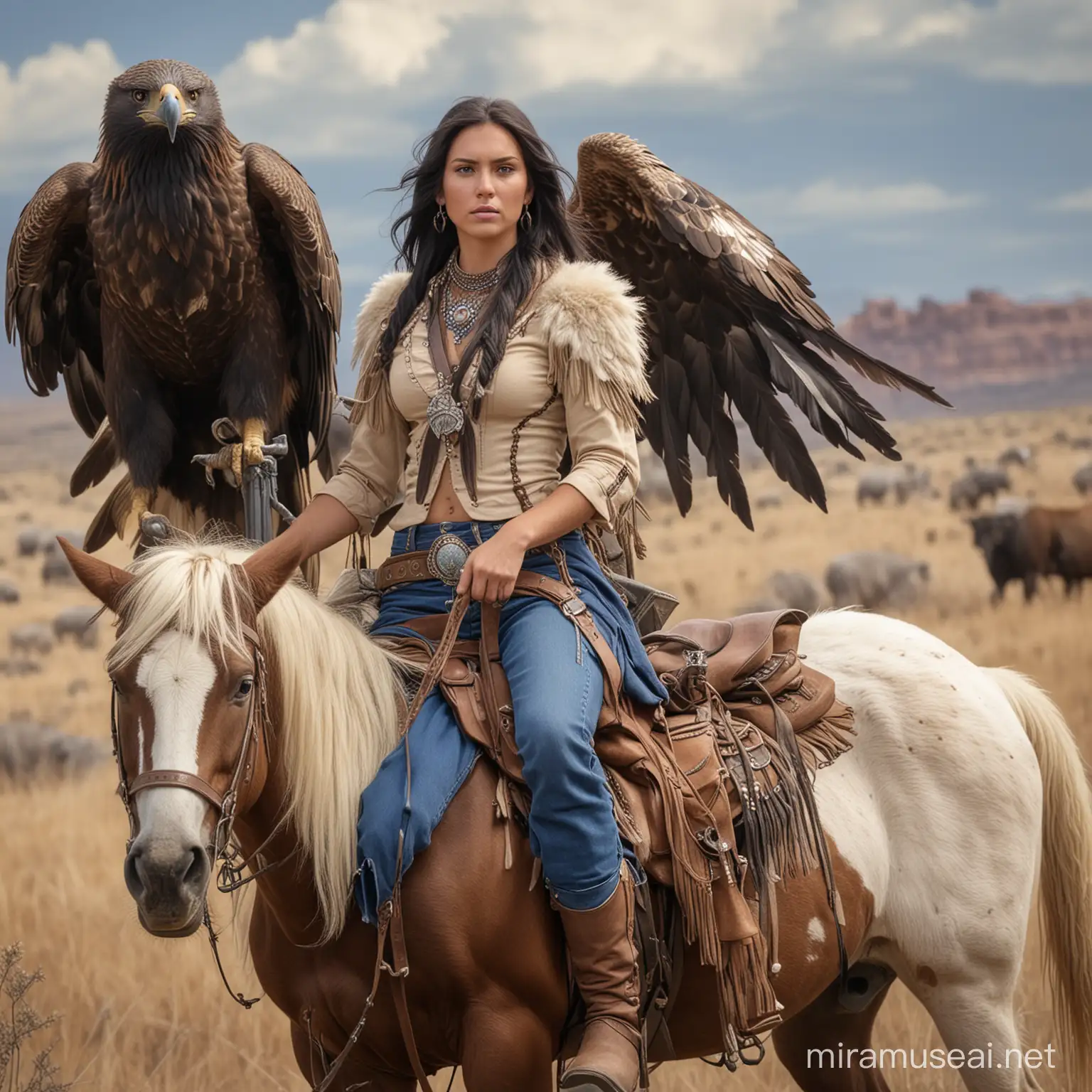 
Guerrera  apache, alta hermosa joven de cabellos negros largos, con  grandes alas de aguila que le salen de la espalda,  va caballo  u junto a ella  va una mujer vestida de vaquera cabellos rubios y ojos azules, con un gran rifle y de fondo búfalos 

