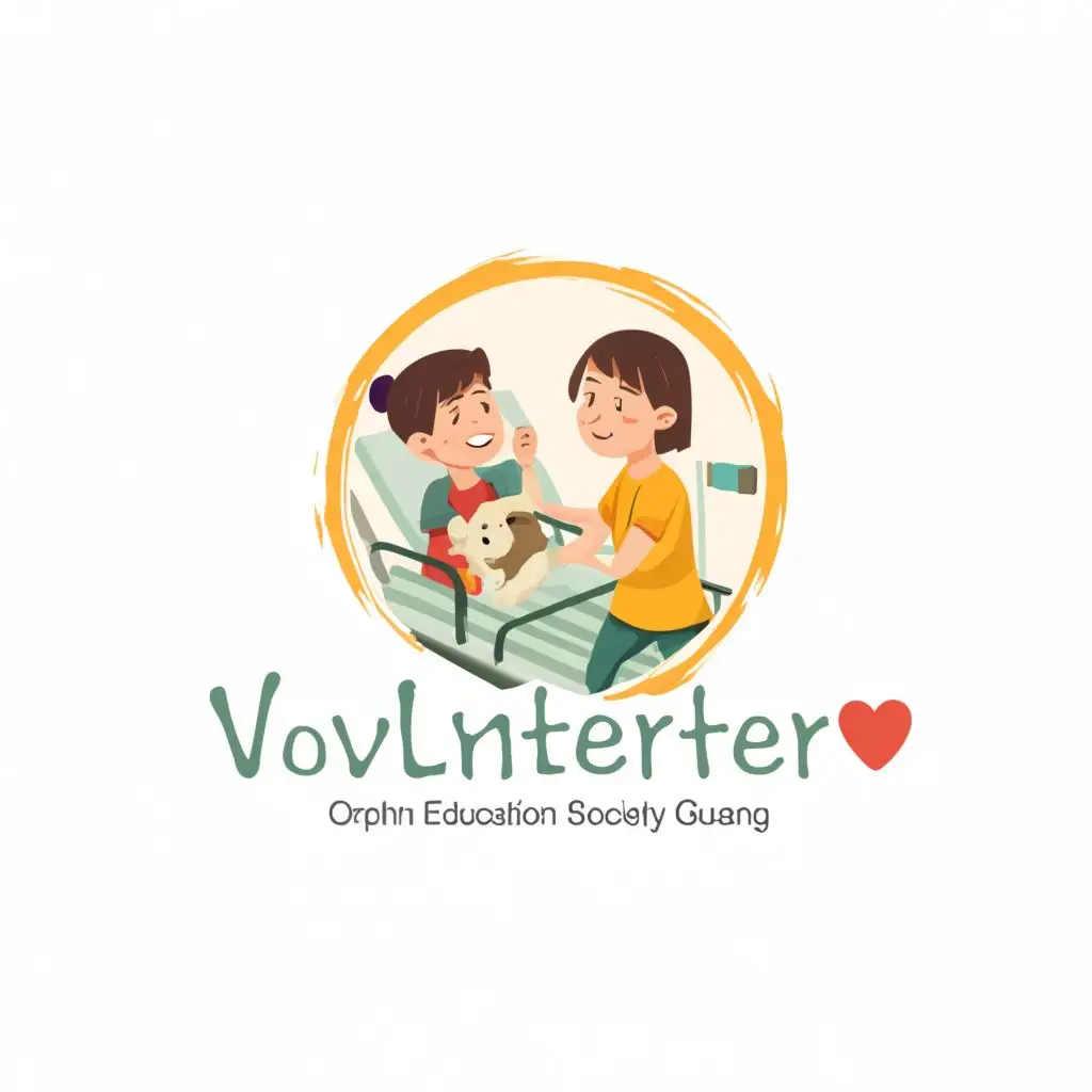 logo, A friendly volunteer in a "plain green" top comforts and visits a child lying in a hospital bed. It is in the style of a cute cartoon. Don't have a background. Use only very sample line drawings. 
 as a logo, with the text "Orphan Education Society Guangdong", typography