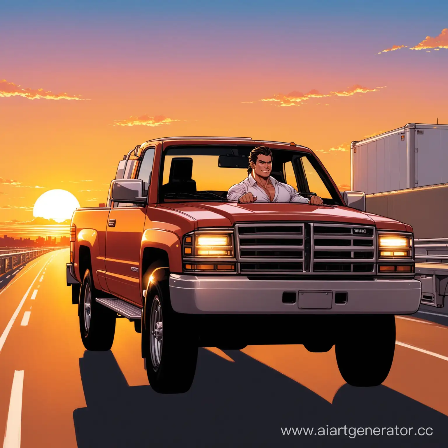 Wealthy-Man-Relaxing-in-Luxurious-Truck-at-Sunset-on-Highway