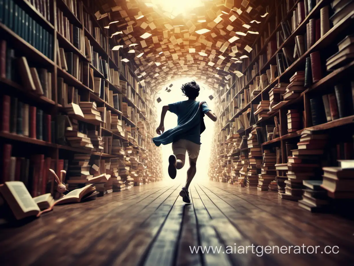 Человек бежит за книгой в сказочном мире полном книг.