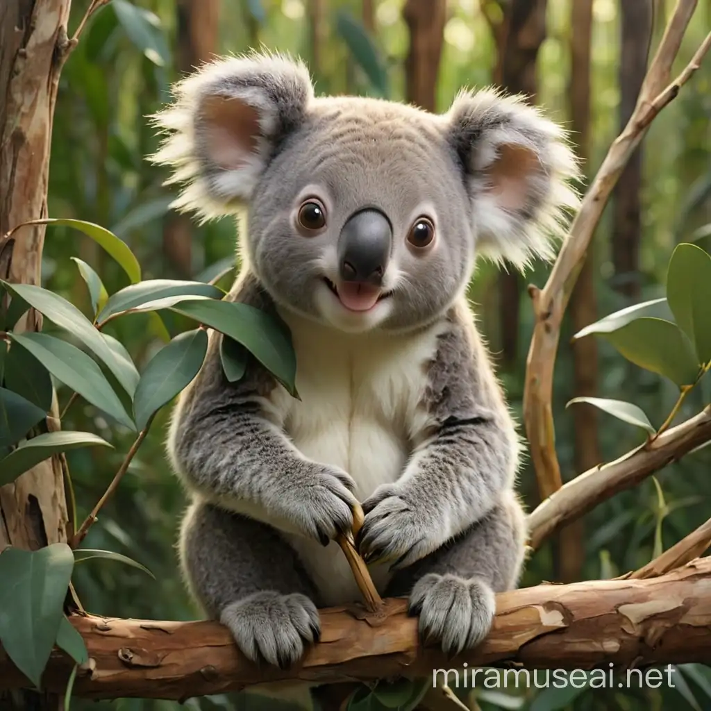 Koala Bear Eating Eucalyptus Leaves in Lush Rainforest Setting