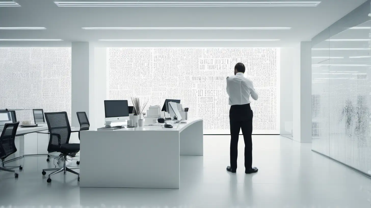 a man in white righting code in a white environment office
