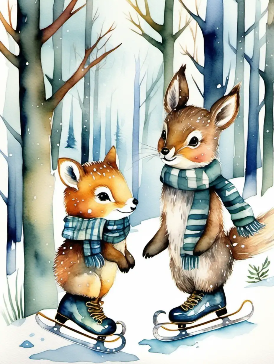 Adorable forest animals,  wearing ice-skates, watercolour 

