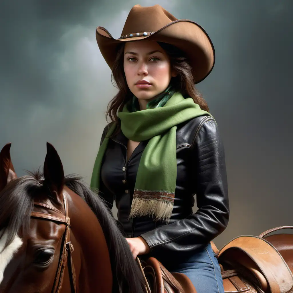 hyperrealism, cowgirl, oval head shape, soft chin line, light skin tone, clear skin, big wide nose, serious expression, shoulder length dark brown hair, down hair, hazel eyes, dark clothing, small green cotton scarf, very small leather outer cap, small hat with large decorative feathers, large breasts, sitting on a horse