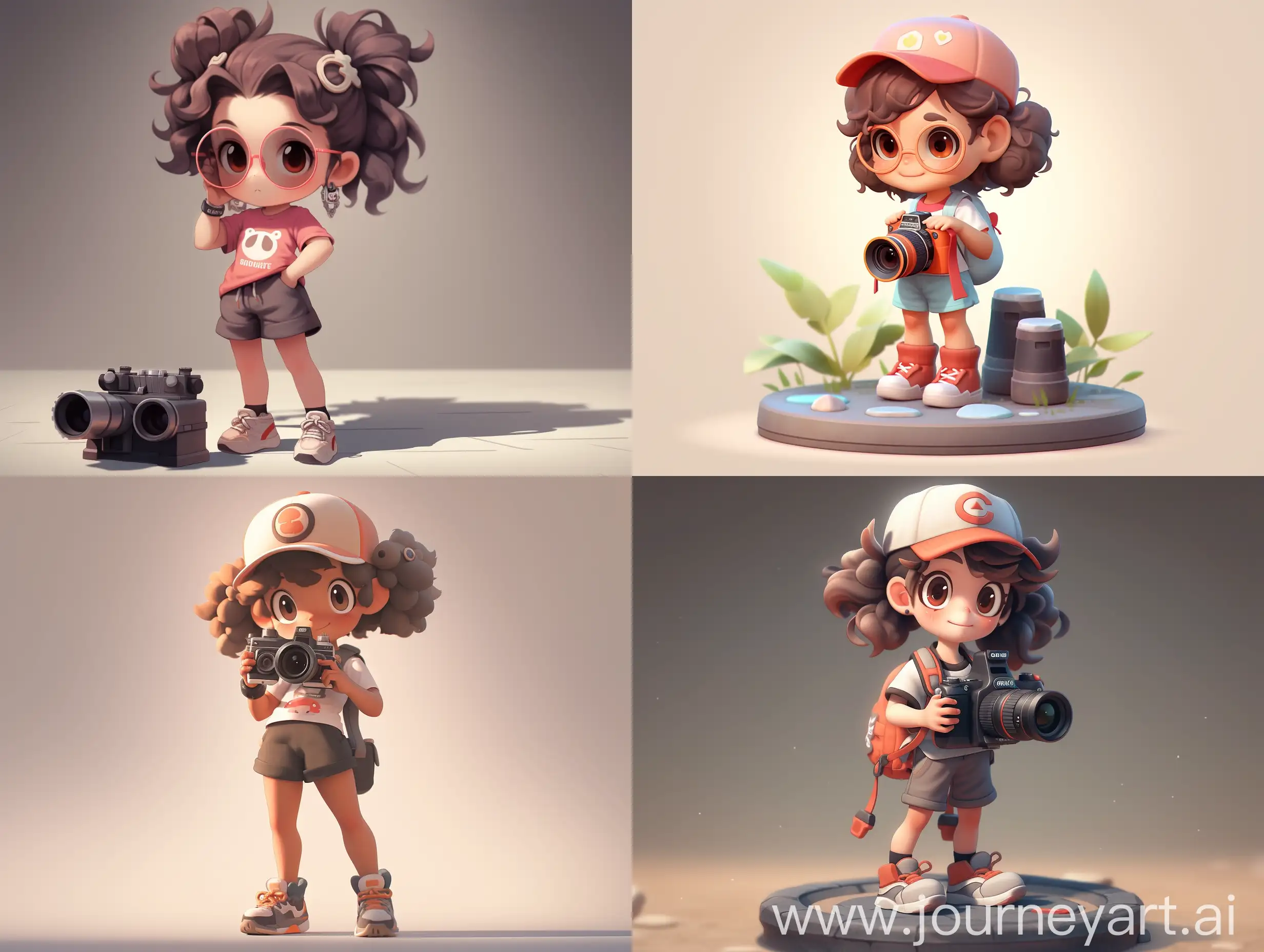3d model,A 8 years old cute girl,wearing “sunglasses”,with very very very very very very very very very very very very “short” curly hair,hold a camera on hand,,wearing a t shirt and shorts, with a peaked cap,full body portrait ,clean backgroung ,Mini figures,mockup blind box,toys,3D,oc render,chibi,cute,abs,disney ,front lighting ,full shot ,8K --s 750 --niji 5 --s 750 --niji 5