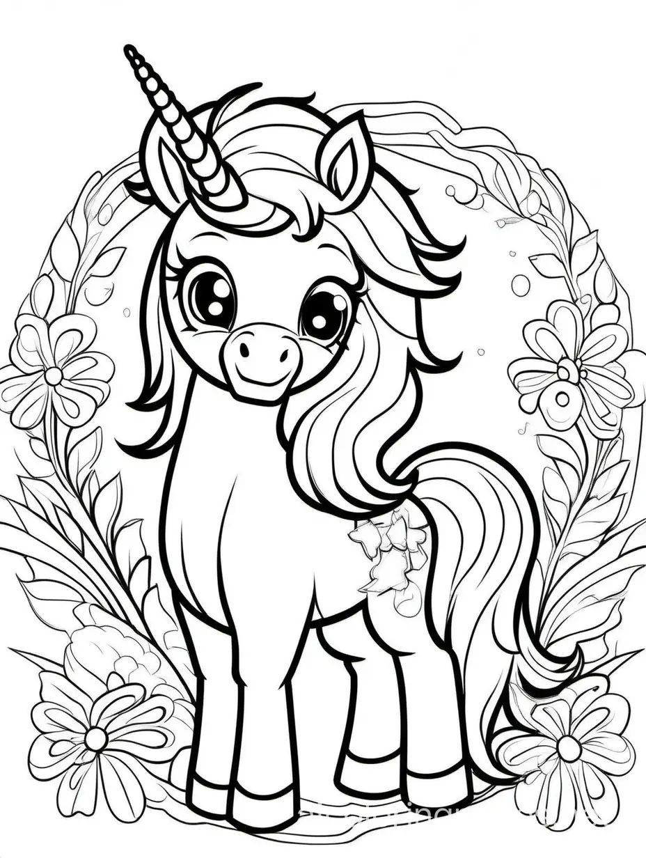 cute unicorn with kids, Coloring Page, black and white, line art, white background, Simplicity, Ample White Space. The background of the coloring page is plain white to make it easy for young children to color within the lines. The outlines of all the subjects are easy to distinguish, making it simple for kids to color without too much difficulty, Coloring Page, black and white, line art, white background, Simplicity, Ample White Space. The background of the coloring page is plain white to make it easy for young children to color within the lines. The outlines of all the subjects are easy to distinguish, making it simple for kids to color without too much difficulty