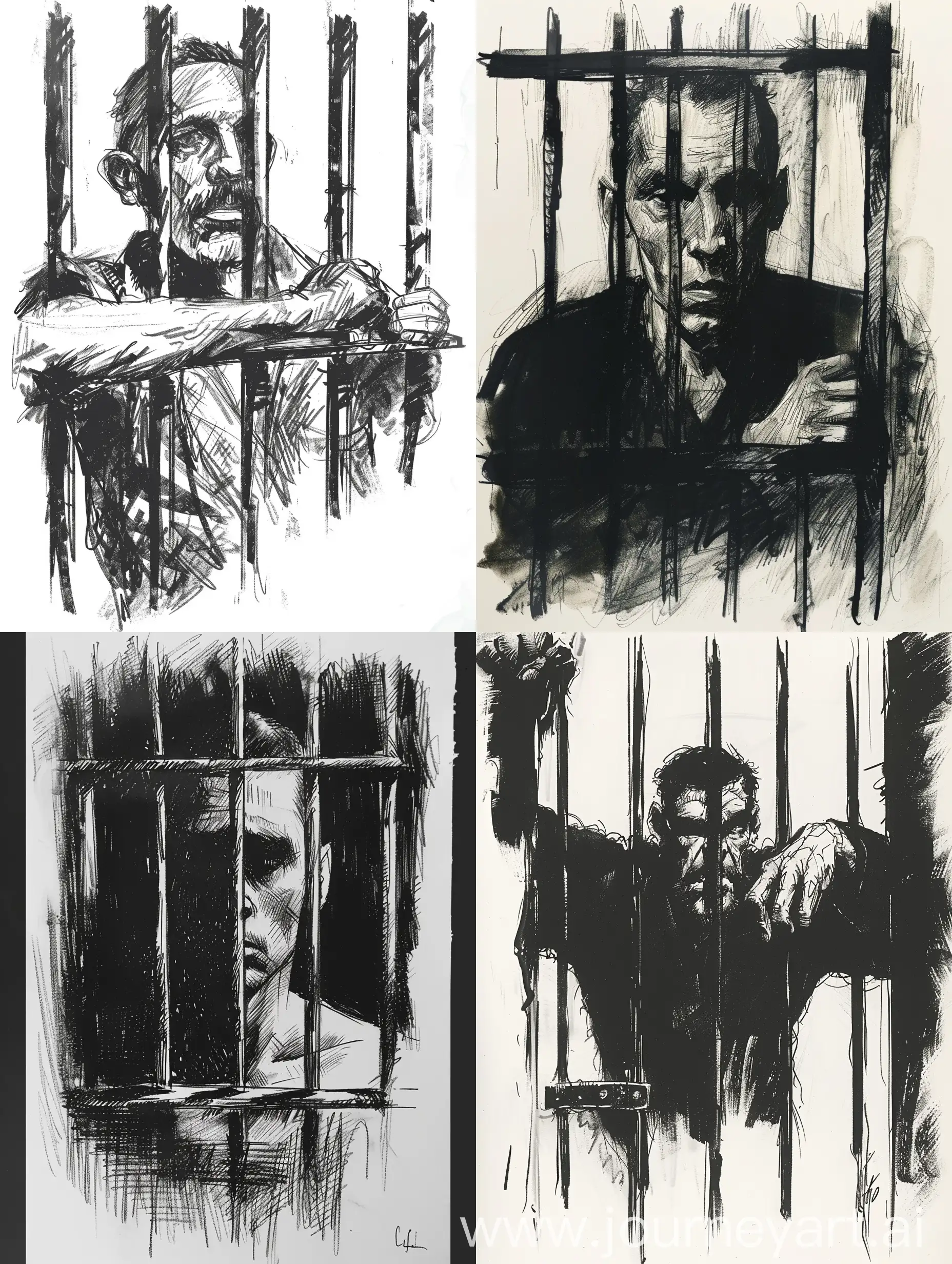 Black and white sketch of man behind bars