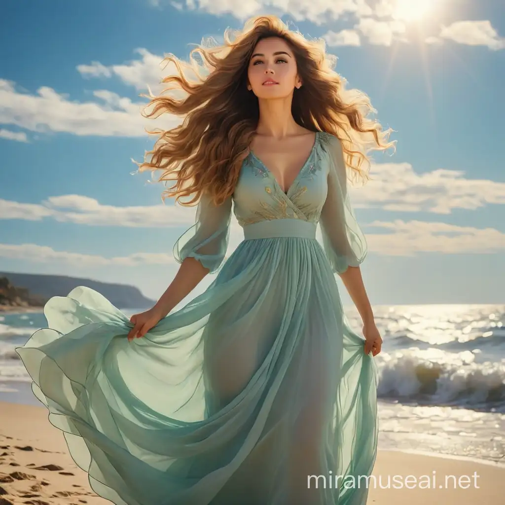 Красивая женщина в красивом длинном платье с красивыми пышными волосами смотрит на небо на красивом берегу океана. Солнечный день. Вода прозрачная.